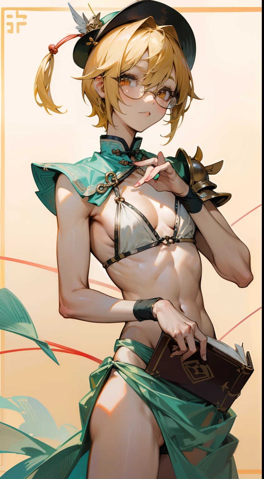 (Marco),Perfect ,don quixote \(limbus company\, Naked、Blonde hair, a beauty girl、eye glasses、middlebreasts、Short hair, hair between eye, Orange Eyes、String bra、the chest is perfectly visible、pierced nipple、Chain scientist hat from the nipple、White loin cloth、Basketball Hand、armor、`She has a book and a sword、(Bachelor's degree in ancient China )、Cowboy style、hiqcgbody