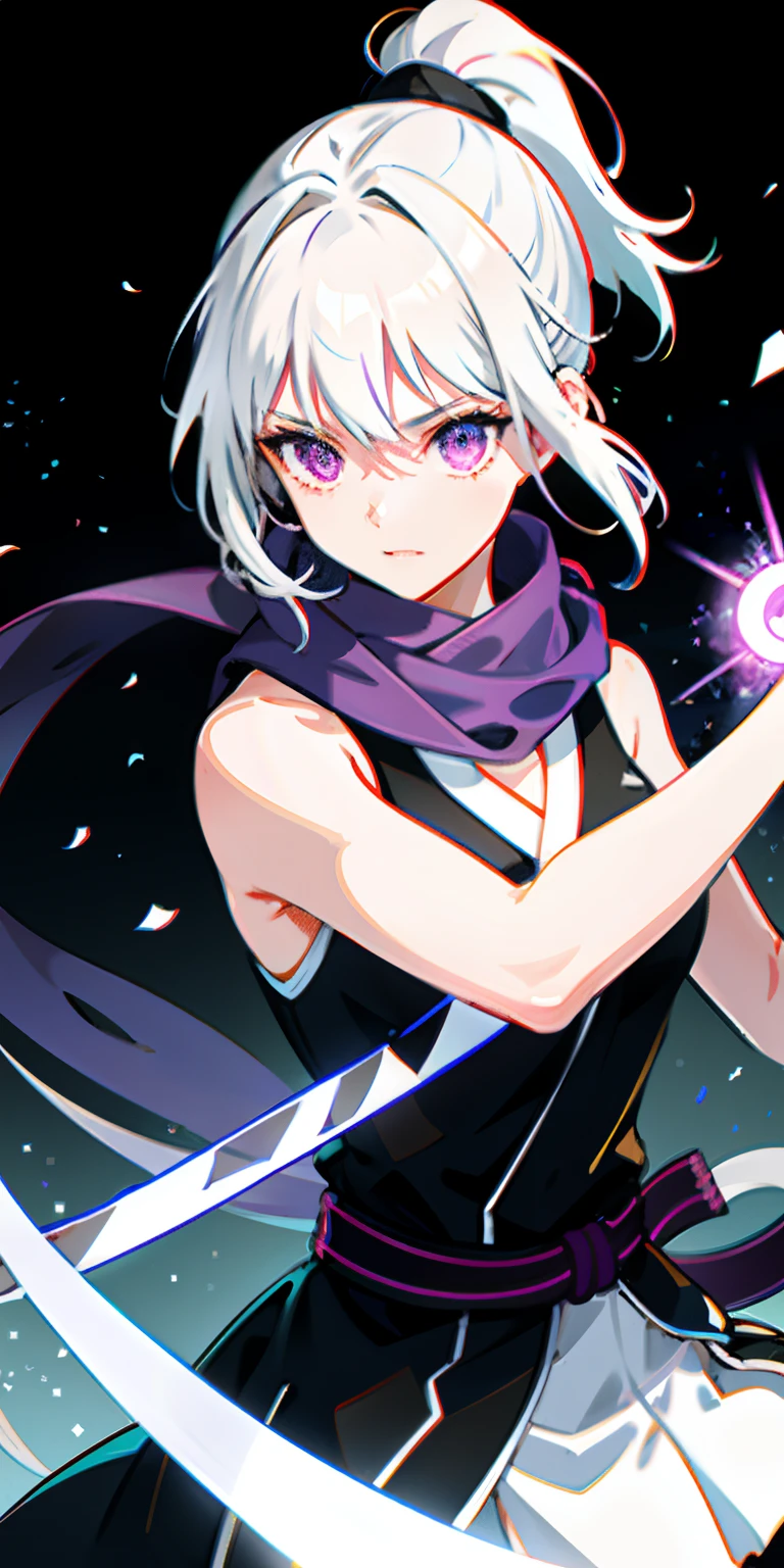 upper body, 1girl, white hair, ponytail, purple eyes, (ninja), short sword, medium breats ,scarf, wallpaper, magic circle background, light particles, blue fire,