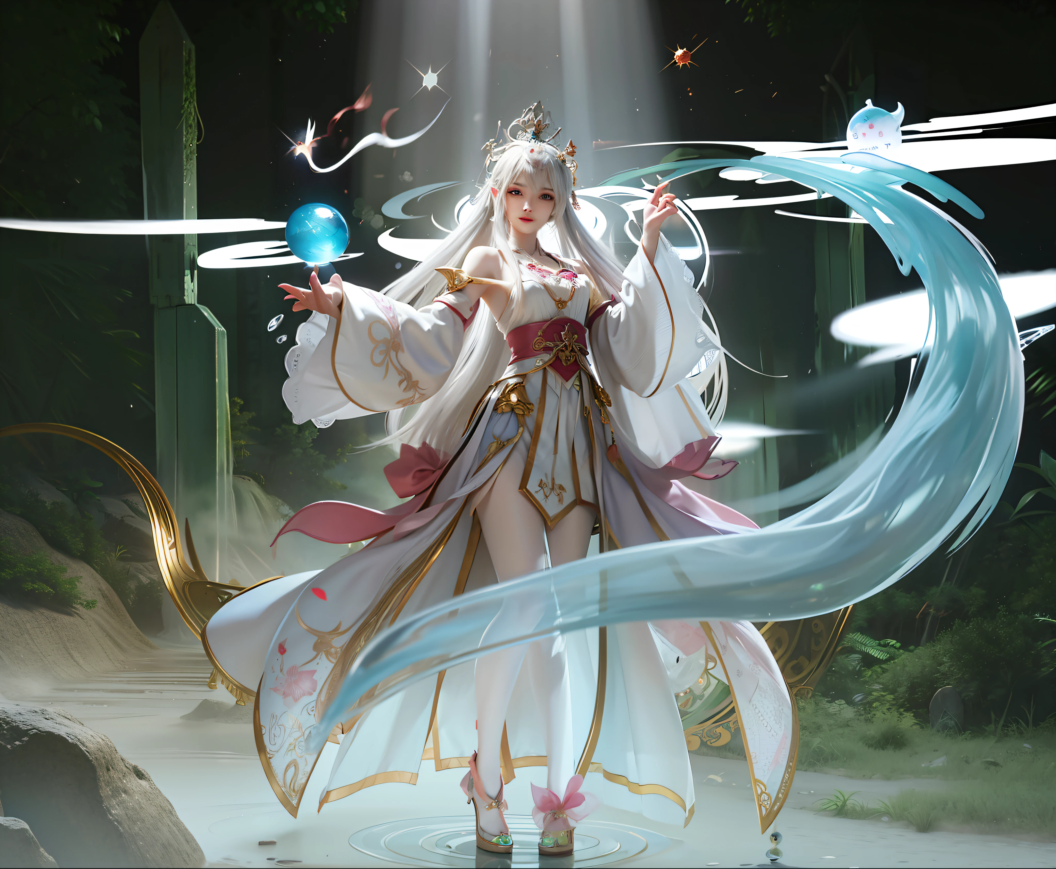 There was a woman in a dress holding a crystal ball, white-haired god, Onmyoji detailed art, Keqing from Genshin Impact, goddess of wisdom, Beautiful celestial mage, goddess of nature, ((a beautiful fantasy empress)), Digital art on Pixiv, Anime fantasy illustration, pixiv contest winner, jellyfish priestess, An elf queen output
blonde hair, hair strand, medium hair, crown, color contact lenses, jitome, full blush, atmospheric perspective, god rays, 8k, super detail, ccurate, best quality, highres
