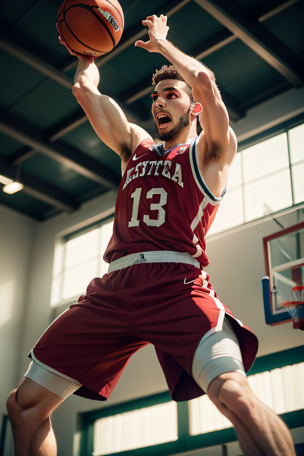 jogador de basket imagem ultra realista  saltando e enterrando a bola na cesta de basket