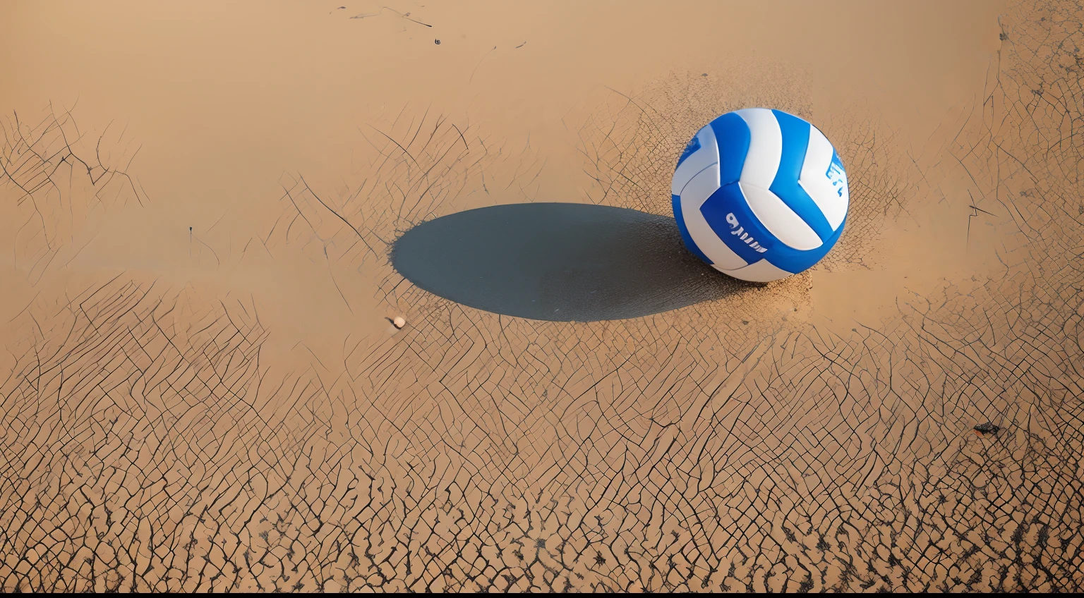 On a sandy beach,A volleyball drops from the sky