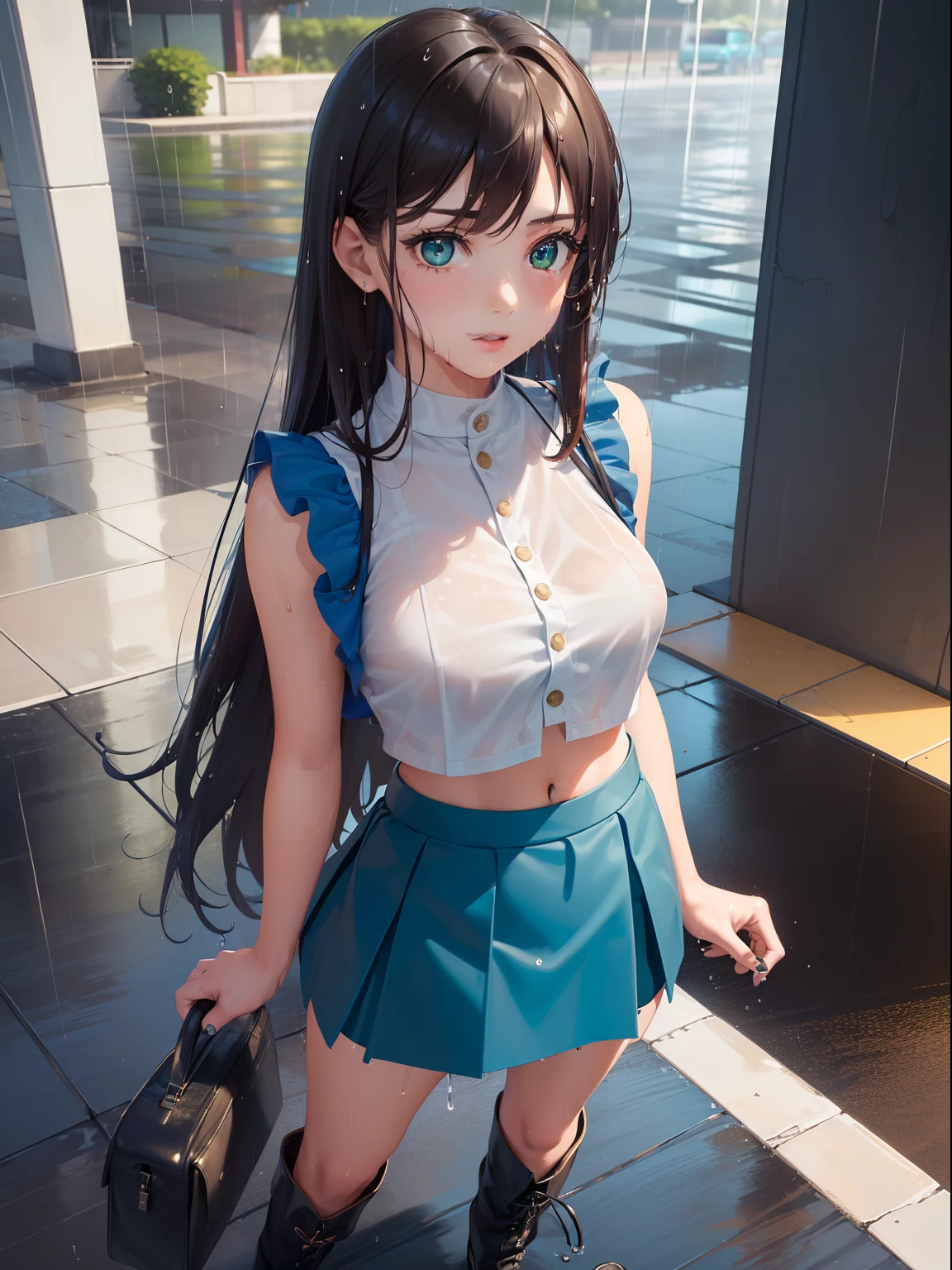(masterpiece, Best Quality:1.37), High resolution, Ultra-detailed, ultra-sharp, from above, 1girl in, girl on top, (((1girl in:1.37, Solo))), (Beautiful face, Cute face, Detailed face), ( brown haired, Semi-long hair), (((Detailed beautiful green eyes))), (((rainy))), (((Wet in the rain))), (((Race Queen))), White blouses, (((Blue mini skirt, pleatedskirt))), a navel, (((Sleeveless))), boots, (((Full body shot))), in street