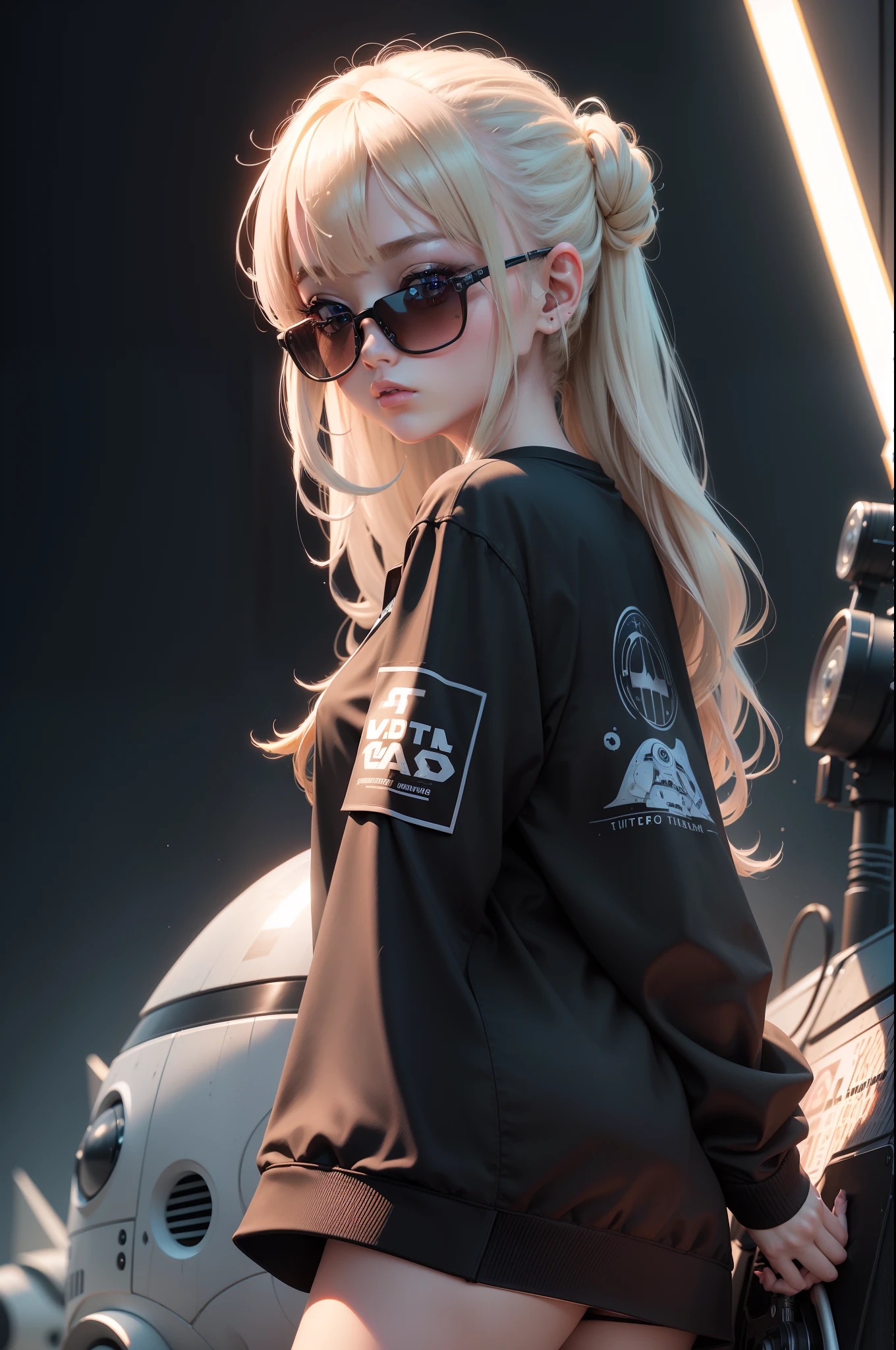 (((in 8K, Raw photo, Best Quality))), 超A high resolution, ultra-detailliert, Illustration, (anthwve style: 1) (nvinkpunk: 0.7) 、High Details、foco nítido、natural soft light、Subsurface scattering、F2、35mm、poster for、pop music、Random animals、extraterrestrial、UFO ride、Pistol possession、a black T-shirt、Simple illustration、Cute design、colourfull、Line art thickness、Characters loved by the world、SF、Fantasia、fanciful、dream-like、Psychodelicious、Psychoderic、DJ、StarWars、spaceships、Dark eyes、Blonde hair woman wearing sunglasses、dots、