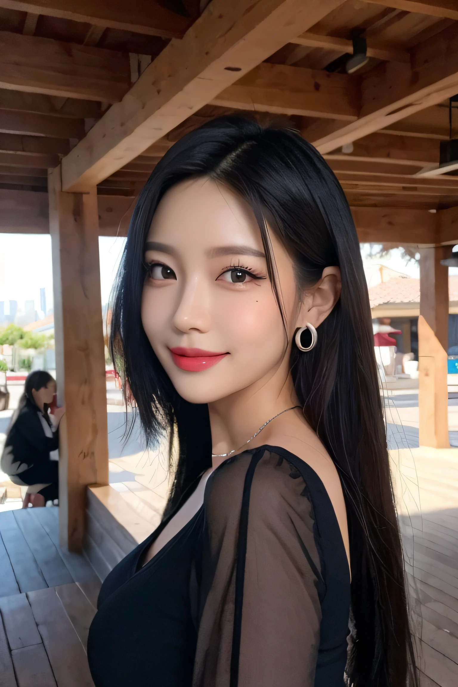 black hair, hair bobbles, longeyelashes, solid circle eyes, light smile, mole under eye, heart earrings, light smile, shy, puckered lips, Surrealism, drop shadow, stereogram, pov, atmospheric perspective, depth of field, first-person view, f/1.8, 8k, super detail, ccurate, best quality, highres, best quality,full body