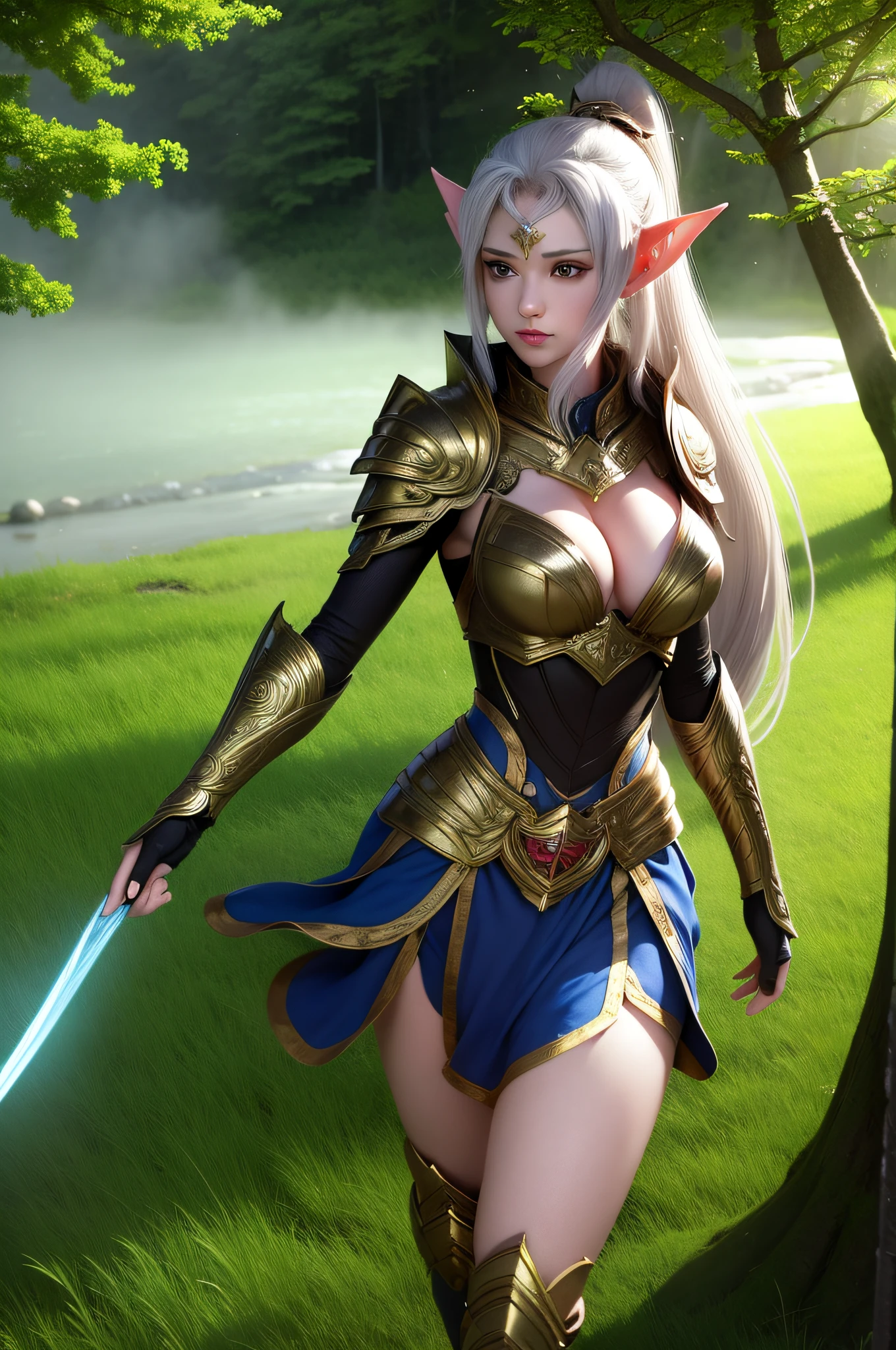 best quality, masterpiece, highres, detailed, perfect anatomy, AishaU, armor, forest, outdoors, breastplate, skirt , dark skin, elf, ponytail, ribbon,, masterpiece, best quality,incredibly absurdres, 1girl,