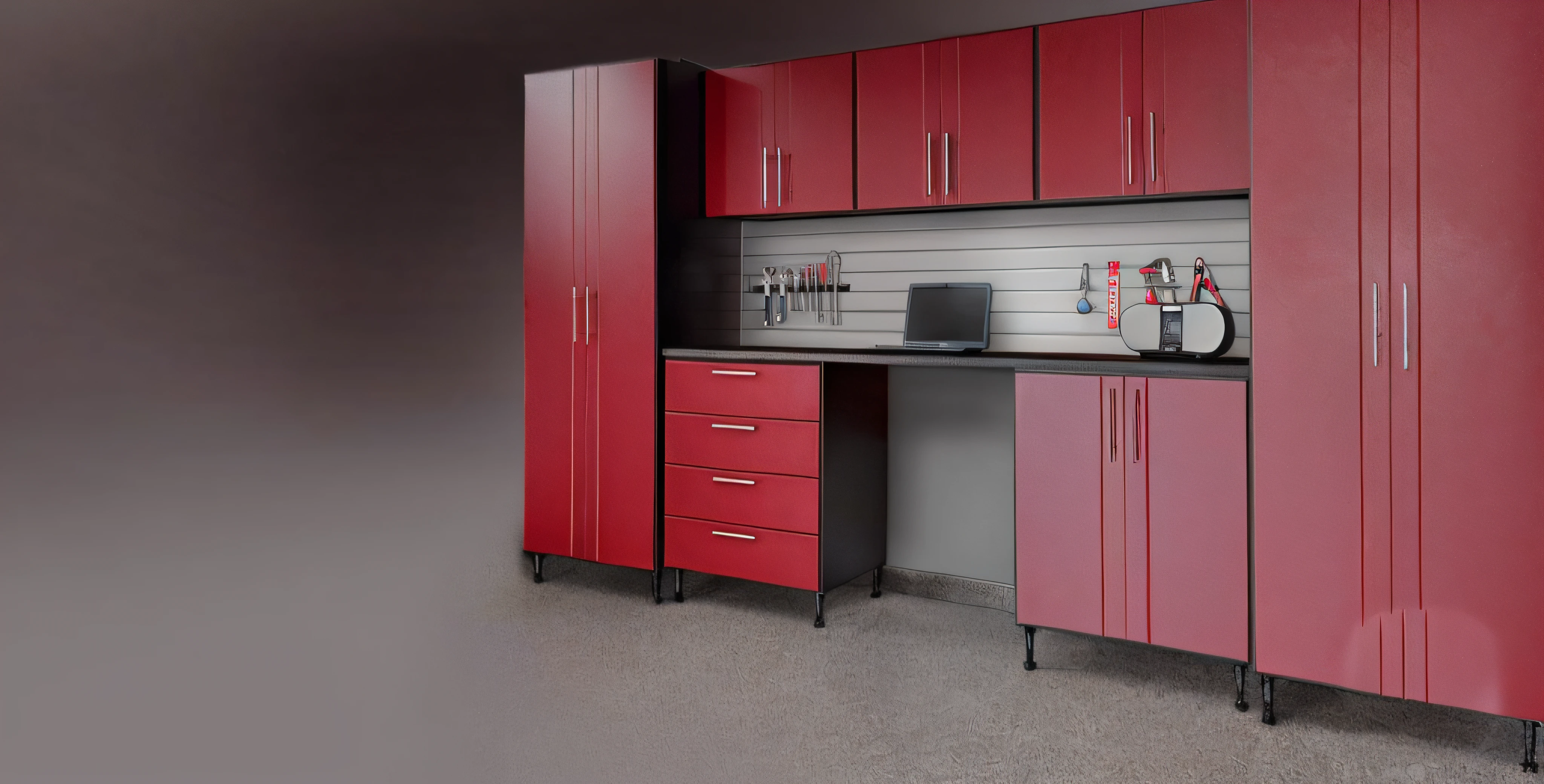 There is a red cabinet in the room,There is a computer on it, burgundy and gray trim, cabinets, wine red trim, cabinet furniture, Crimson accent, Maroon metallic accent, flex, Crimson - Black color scheme, Black stainless steel,Red trim, tissue, Dark red and white color scheme, crimson themed, dominating red color, Modern look, red and grey only