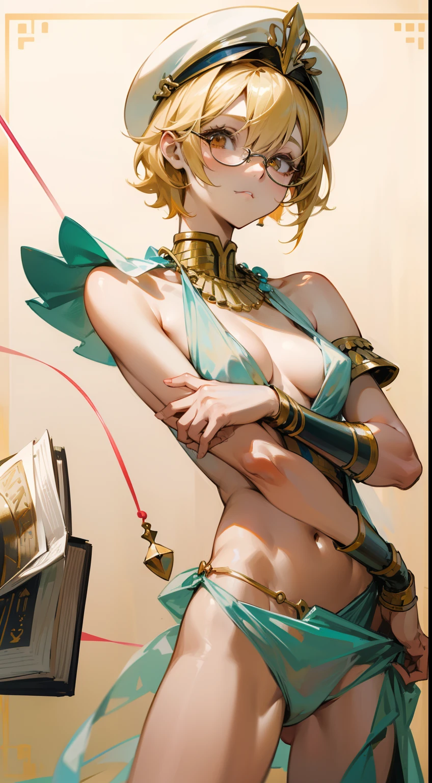 (Marco),Perfect ,don quixote \(limbus company\, Naked、Blonde hair, a beauty girl、eye glasses、middlebreasts、Short hair, hair between eye, Orange Eyes、String bra、the chest is perfectly visible、pierced nipple、Chain scientist hat from the nipple、White loin cloth、Basketball Hand、armor、`She has a book and a sword、(Bachelor's degree in Ancient Egypt )、Cowboy style、hiqcgbody