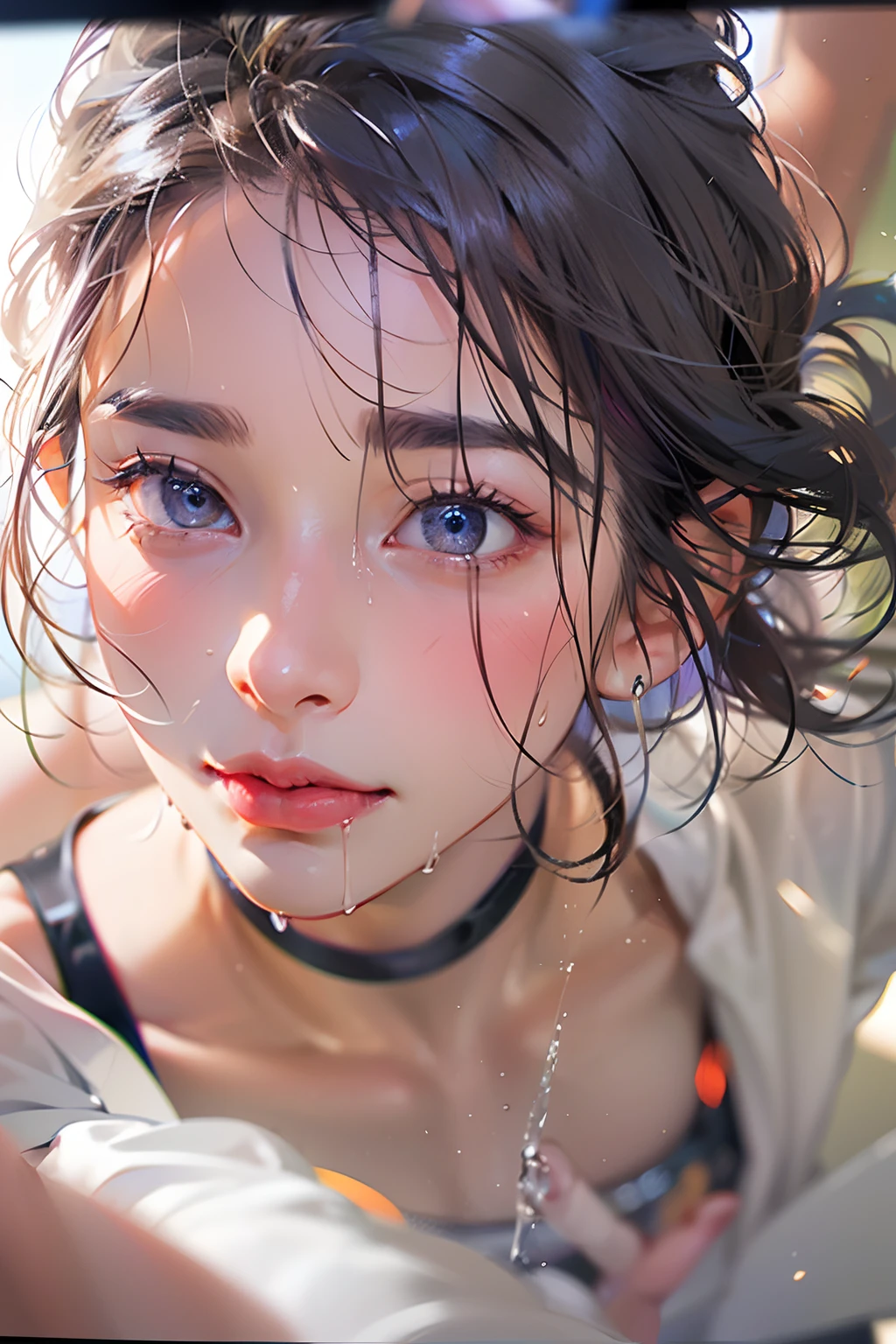 best quality, ultra high res,(photorealistic:1.4),8k resolution,1girl,(black straight medium hair:1.2),long face(thick eyebrows),(thick lip),(lip gloss),(downturned eyes),((falling eyebrows)),(blush),((pulled back hair)),(wide forehead:1.4),(realistic hair:1.2),(Japanese girl:1.2), (realistic eyes:1.2),(beautiful face:1.3),perfect body,white pale skin,(flat chest:1.4),(muscular:1.2),(abs:1.2),(tongue out and mouth open:1.2),(eyes looked up:1.3),(wet body and thong:1.2),(pubic hair:1.4)