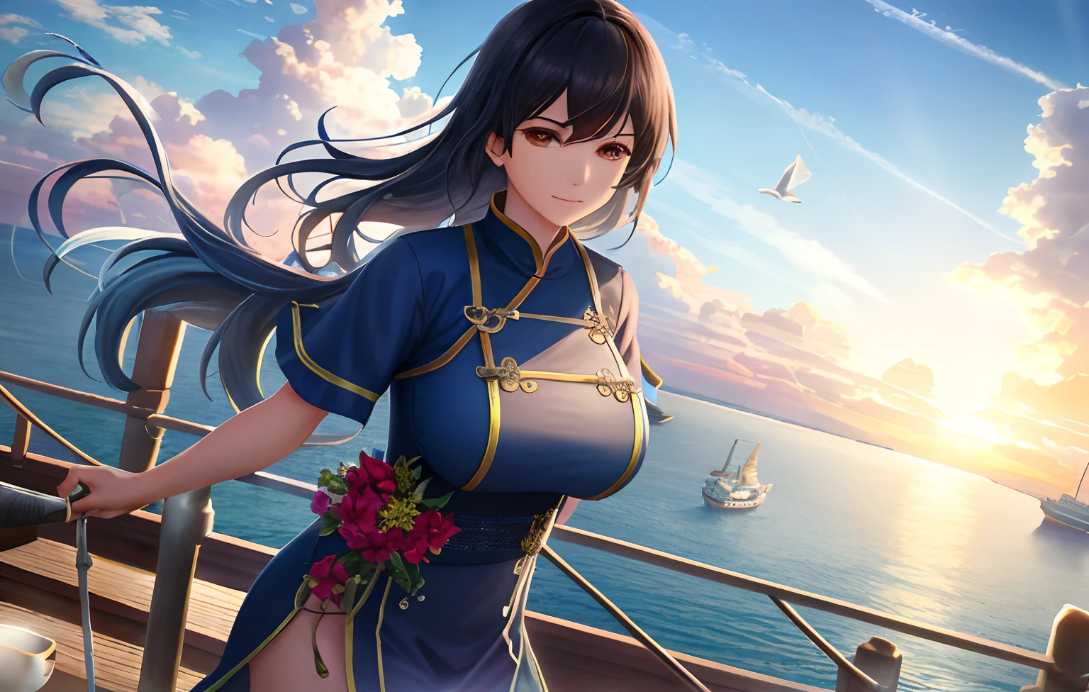 scenecy,afloat,fishing boat,seagulls,Skysky,clouds, Ancient Chinese men,Maggie,On a seafaring ship,afloat,The sails have waves,Many boatmen were busy behind Magee,opulent,big breasts beautiful,atmosphere,Ambient,fresh flowers,concept art illustration,Greg Rutowski,Volumetriclighting,rays of sunshine,particulate,Supersaturation,iintricate,Volumetriclighting,big breasts beautiful,A masterpiece of rich deep colors,tack sharp focus,perfect compositions,Complex octane rendering perfect composition,Beautiful details Intricate details,cinematic perfect light,lightand shade contrast,tmasterpiece