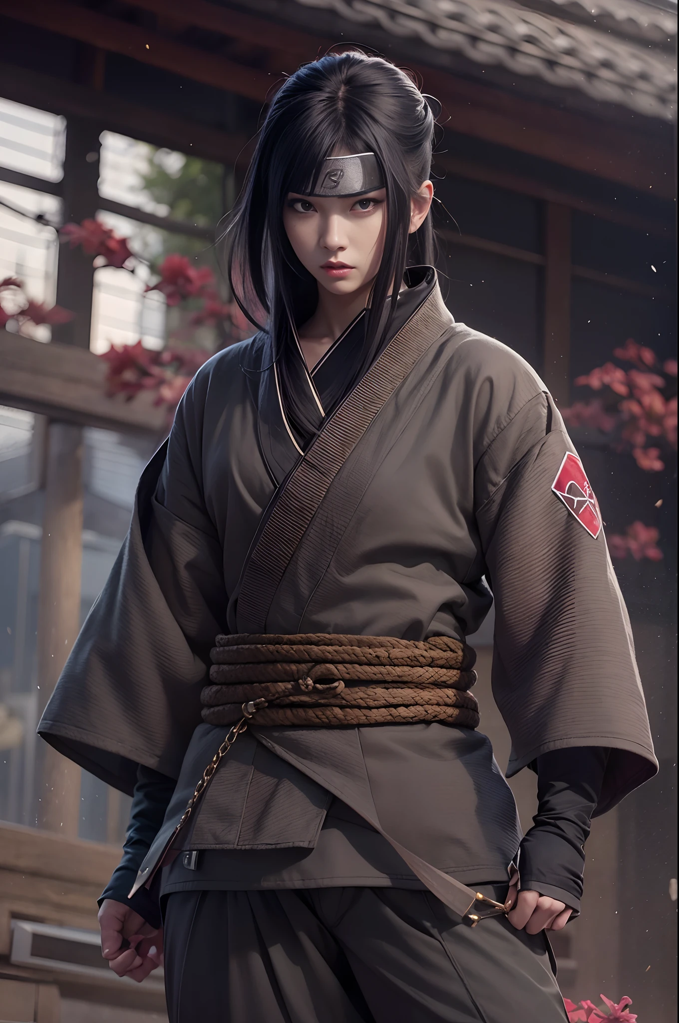 Black hair, 1 Female Assassin, black reotard, black colored leggings，Female ninja, Sexy body, Bigchest, Thin waist and thick hips, long leges, thick thight, jumpping，Eaves， Japanese-style architecture in the background, Japanese Kiya，Hair coiled, Delicate facial features, largeeyes, long eyelasher, He had multiple stab wounds on his body, Clothes are cut, Stained with blood, Fighting arts, Fighting posture, Leap action, fightingpose，ninjartist，Ninjutsu，Reference Naruto，sakura flowers falling, Flying throwing knives, （Ku Wu），（Ninja sword），surrealism, raised fist, Cinematic lighting, 8K, Super detail, Textured skin, High details，Darts around，Metal chains，（Detailed body movements），（Take care of all the details in detail），