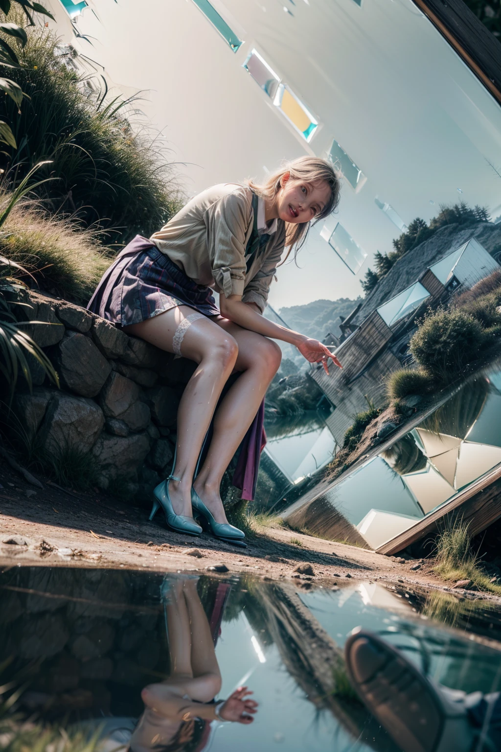 Splitting characters is prohibited，(full bodyesbian:2),(1girll:1.2)，(Reveal high heels，A perfect match to the picture:1.1)， (anatomy correct:1.3), (Dressed in gorgeous Japanese printed JK student uniforms)，(The figure is at the top of the mountain|on a snowy mountain|over the sea|in  the water|On the boat|Top of high-rise building|On the street|in woods|at the lakes|In front of the waterfall|in an airplane|In space|In the palace|In glass|In the sewers|In the mud|in a Petri dish:1.1)， (Polished pointed toe heels:1.1), (Reflective stockings:1.3)，(In pink|amarelo|blue colors|green color|red colour|white colors|black in color|purpleish color|greys|Beige|Flesh-colored:1.3)，(Accurate and perfect face:1.3)，，(Oily glowing skin:1.1)，A shallow laugh,，Strangling effect,hyper HD, Ray traching, reflective light，structurally correct, Award-Awarded, high detal, lightand shade contrast, Face lighting，cinmatic lighting, tmasterpiece, super detailing, high high quality, high detal, best qualityer, 16k，(Skin reflection:2)