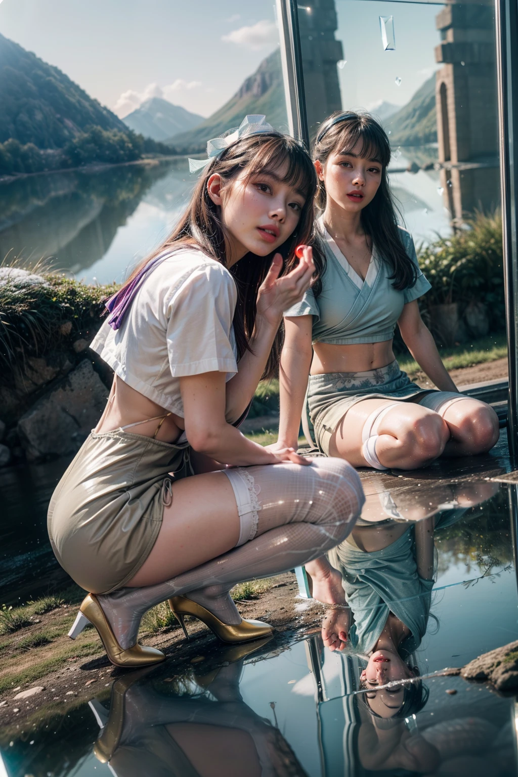 Splitting characters is prohibited，(full bodyesbian:2),(1girll:1.2)，(Reveal high heels，A perfect match to the picture:1.1)， (anatomy correct:1.3), (Dressed in gorgeous Japanese printed JK student uniforms)，(The figure is at the top of the mountain|on a snowy mountain|over the sea|in  the water|On the boat|Top of high-rise building|On the street|in woods|at the lakes|In front of the waterfall|in an airplane|In space|In the palace|In glass|In the sewers|In the mud|in a Petri dish:1.1)， (Polished pointed toe heels:1.1), (Reflective stockings:1.3)，(In pink|amarelo|blue colors|green color|red colour|white colors|black in color|purpleish color|greys|Beige|Flesh-colored:1.3)，(Accurate and perfect face:1.3)，，(Oily glowing skin:1.1)，A shallow laugh,，Strangling effect,hyper HD, Ray traching, reflective light，structurally correct, Award-Awarded, high detal, lightand shade contrast, Face lighting，cinmatic lighting, tmasterpiece, super detailing, high high quality, high detal, best qualityer, 16k，(Skin reflection:2)