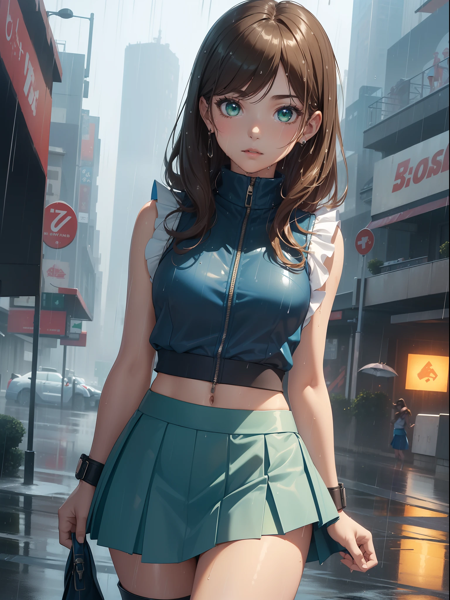 (masterpiece, Best Quality:1.37), High resolution, Ultra-detailed, ultra-sharp, From above, 1girl in, girl on top, (((1girl in:1.37, Solo))), (Beautiful face, Cute face, Detailed face), ( brown haired, Semi-long hair), (((Detailed beautiful green eyes))), (((rainy))), (((Wet in the rain))), (((Race Queen))), White blouses, (((Blue mini skirt, pleatedskirt))), a navel, (((Sleeveless))), long boots, (((cowboy shot))), in street