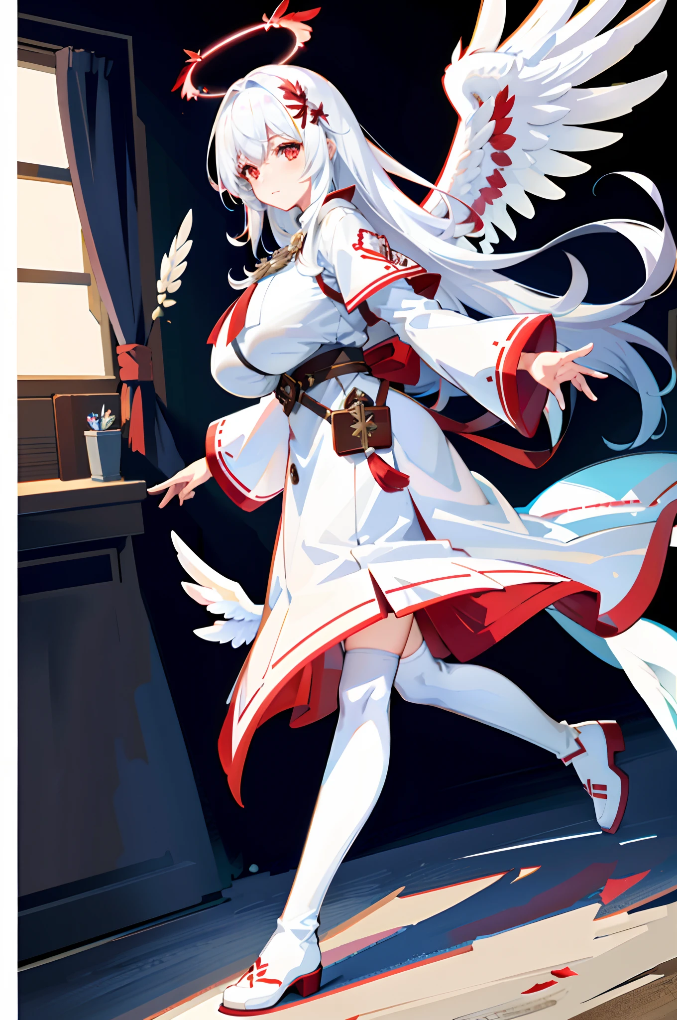 ((Red feather ornaments)), ((((Huge white wings)))), White cloak, White boots, (frontage), Under the sunlight, (By the window), White hair, bangs, ahoge, Long hair, Halo, Red eyes, Blush, Blush, Light smile, High detail, anime big breast, Chiaroscuro, Ray tracing, shadowing, character sheets, first person perspective, 16k, hyper HD, Masterpiece, High quality, High details, Award-Awarded, Best quality, ccurate, Anatomically correct,correct hand,5 fingers,Dull hair