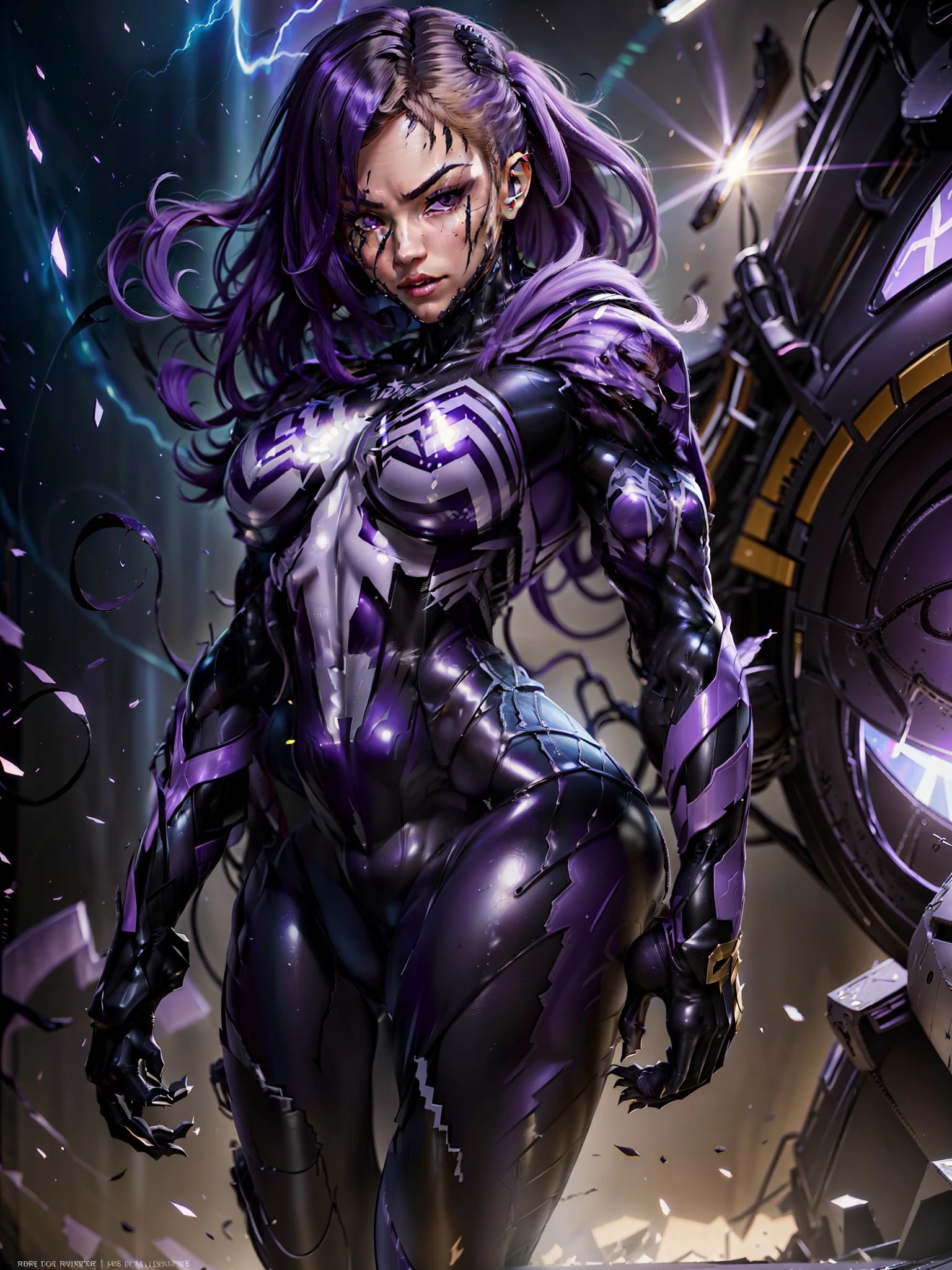 ((Best quality)), ((masterpiece)), (detailed: 1.4), (Absurd), perfect face, Hot Latin woman fighter pilot ready for war, dark skin, lightning and lightning, muscular sculptural body defined, Wolverine mask, ((((full body))), half-thick bare thighs, closed mouth, muscular body covered in purple technological clothing, Neon Genesis Evangelion style, cyberpunk, generous neckline, ((perfect small breasts)), (lilac eyes),  ((totally purple clothing with golden rays)), (((short dark purple straight hair)))), long black eyelashes heavy makeup, garter belt, niji --V5, close to real, psychopath, crazy face, sexy pose, red and white background, 2 pieces clothing, centered, scale to fit dimensions, HDR (High Dynamic Range),Ray Tracing,NVIDIA RTX,Super-Resolution,Unreal 5,Subsurface dispersion,  PBR Texture, Post-processing, Anisotropic filtering, Depth of field, Maximum clarity and sharpness, Multilayer textures, Albedo and specular maps, Surface shading, Accurate simulation of light-material interaction, Perfect proportions, Octane Render, Two-tone lighting, Wide aperture, Low ISO, White balance, Rule of thirds, 8K RAW, crysisnanosuit