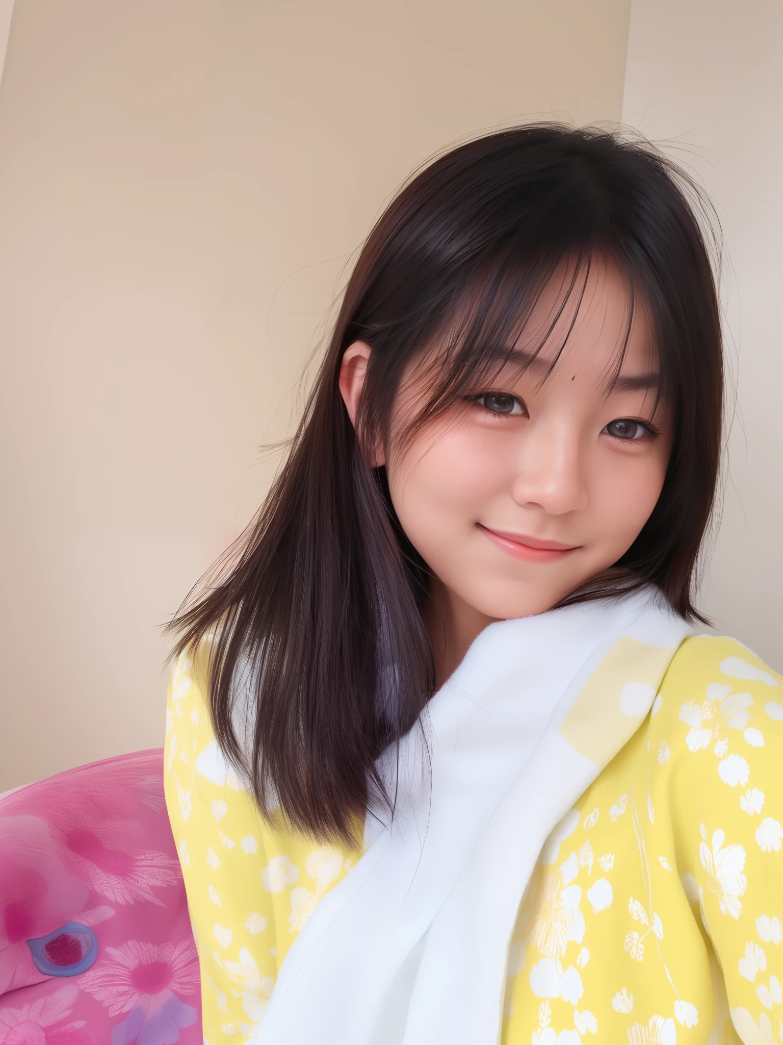 A cute girl taking a photo of herself, sunlight shining on her, realistic, lookalike, look alike, realistic face, dimple