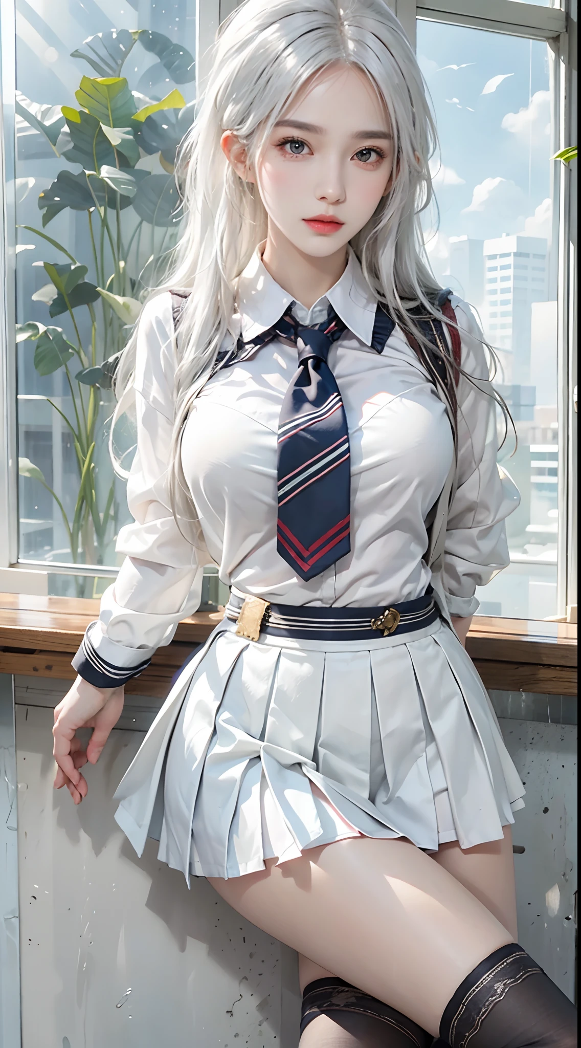 photorealistic, high resolution, 1women, solo, hips up, look at viewer, (detailed face), white hair, high school uniform, skirt, thighhighs, jewelry