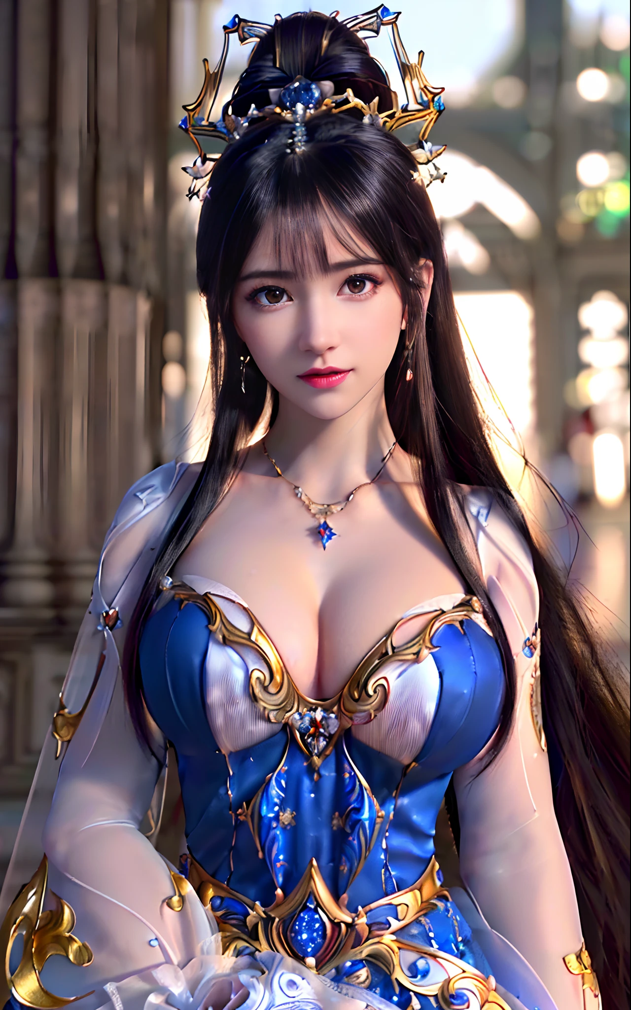 ((realisticity: 1.2)), ((realistic: 8K UHD)), ((best resolution: 8K UHD)), hyper detailed, best quality,masterpiece,highres,cg,
((1 hyper detailed and hyper realistic girl)), ((very beautiful queen dazzling, hyper realistic, and hyper detailed)),((white skin, beautiful, smooth, youthful, hyper realistic and hyper detailed
)), ((Hyper beautiful face, white, hyper realistic and hyper detailed)), long hair, ((hyper realistic and hyper detailed dress)), solo, ((hyper realistic, hyper beautiful, gorgeous and hyper detailed jewelry)), ((hyper beautiful, hyper realistic and hyper detailed dark red and golden yellow dress)),
((Hyper beautiful, hyper realistic, hyper detailed diamond filled earrings)),
  ((Hyper beautiful, hyper realistic and hyper detailed diamond filled hair ornament)), ((hyper beautiful upper body, hyper beautiful, hyper 
 realistic and hyper detailed)), ((big breasts: 2.5)), 
((Hyper grand, hyper realistic and hyper detailed royal palace backgroun))
((Hyper beautiful, hyper beautiful, hyper realistic and hyper detailed hair bun)), ((hyper beautiful, hyper realistic and hyper detailed blue hair)),
candid, Photograph, high resolution, 8k,Bokeh,