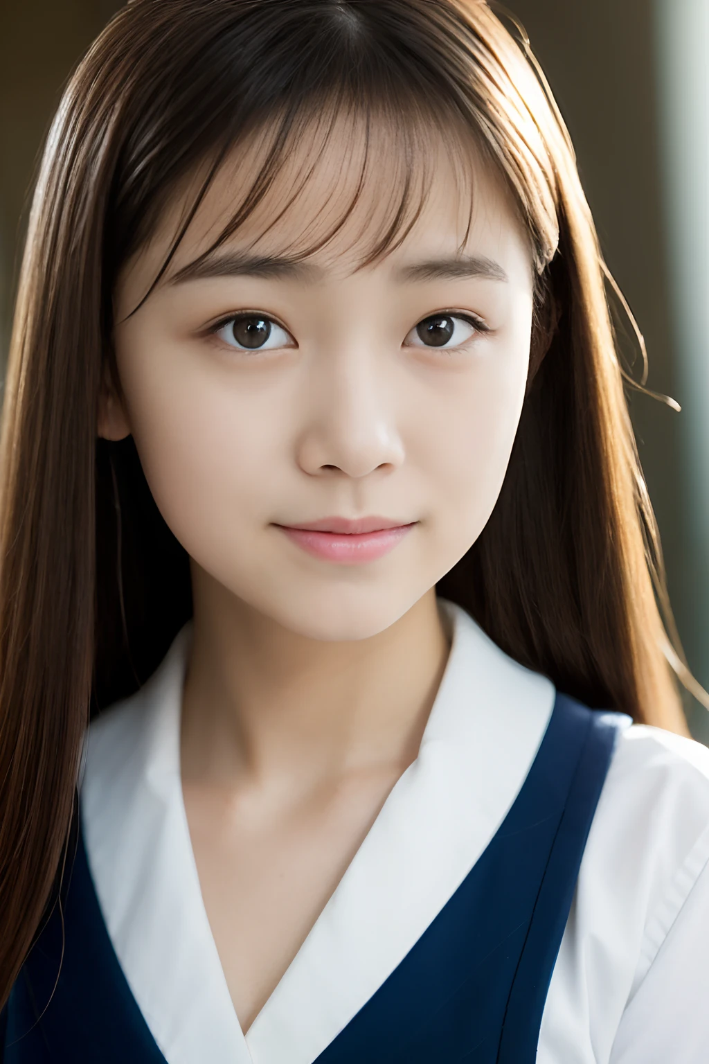 Lens 135mm f1.8, (Best Quality), (masutepiece:1.1), (Beautiful Japan girl), cute face, ((flat chest)), (Small breasts), (Chiseled face:0.7), (hitornfreckles:0.6), Dappled sunlight, Dramatic Lighting, (Japan school uniform), (in a school), Shy, Long Wave Hair, (Ultra Close-up:1.4), A slight smil