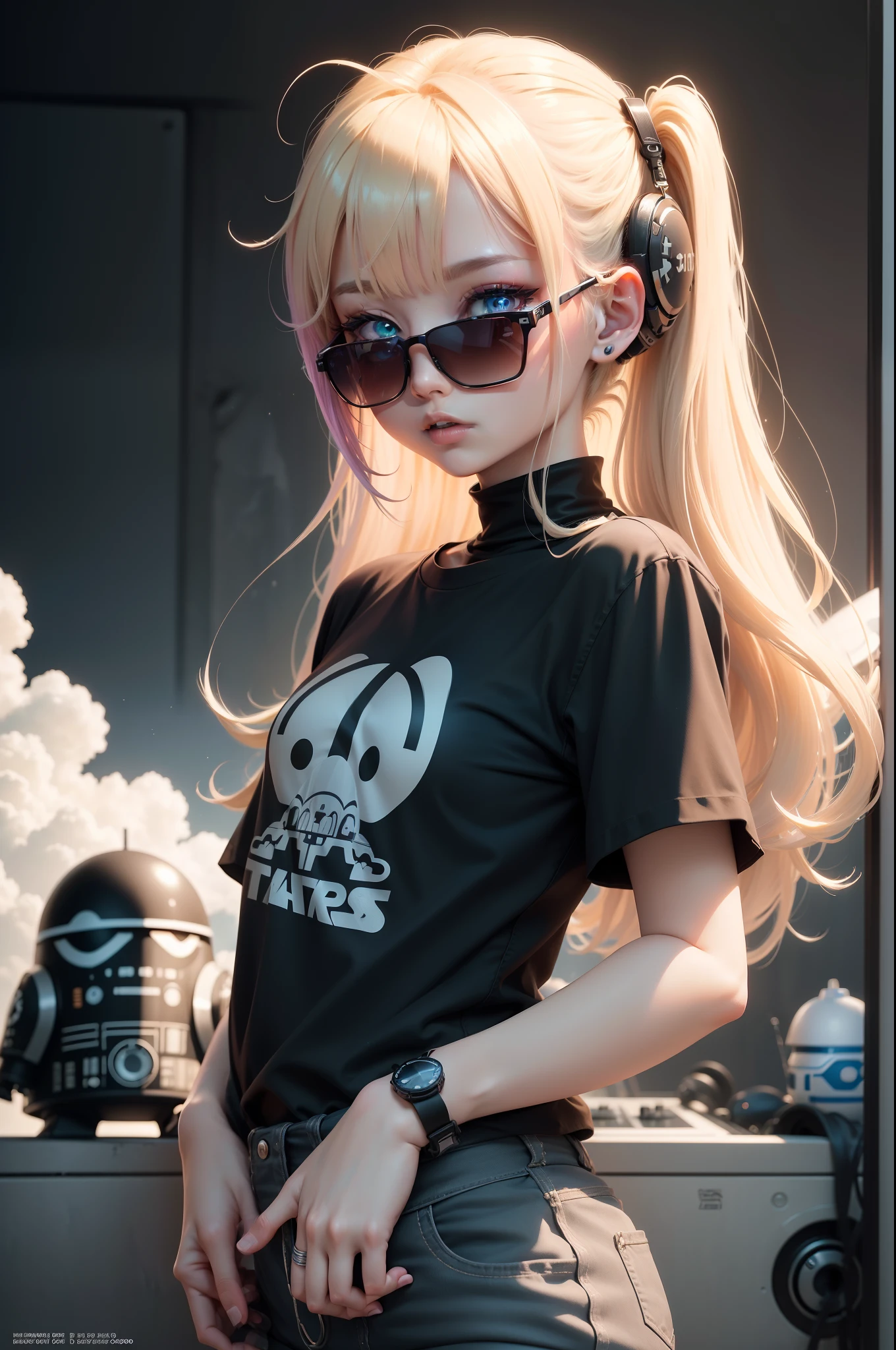 (((in 8K, Raw photo, Best Quality))), 超A high resolution, ultra-detailliert, Illustration, (anthwve style: 1) (nvinkpunk: 0.7) 、High Details、foco nítido、natural soft light、Subsurface scattering、F2、35mm、poster for、pop music、Random animals、extraterrestrial、UFO ride、Pistol possession、a black T-shirt、Simple illustration、Cute design、colourfull、Line art thickness、Characters loved by the world、SF、Fantasia、fanciful、dream-like、Psychodelicious、Psychoderic、DJ、StarWars、spaceships、Dark eyes、Blonde hair woman wearing sunglasses、