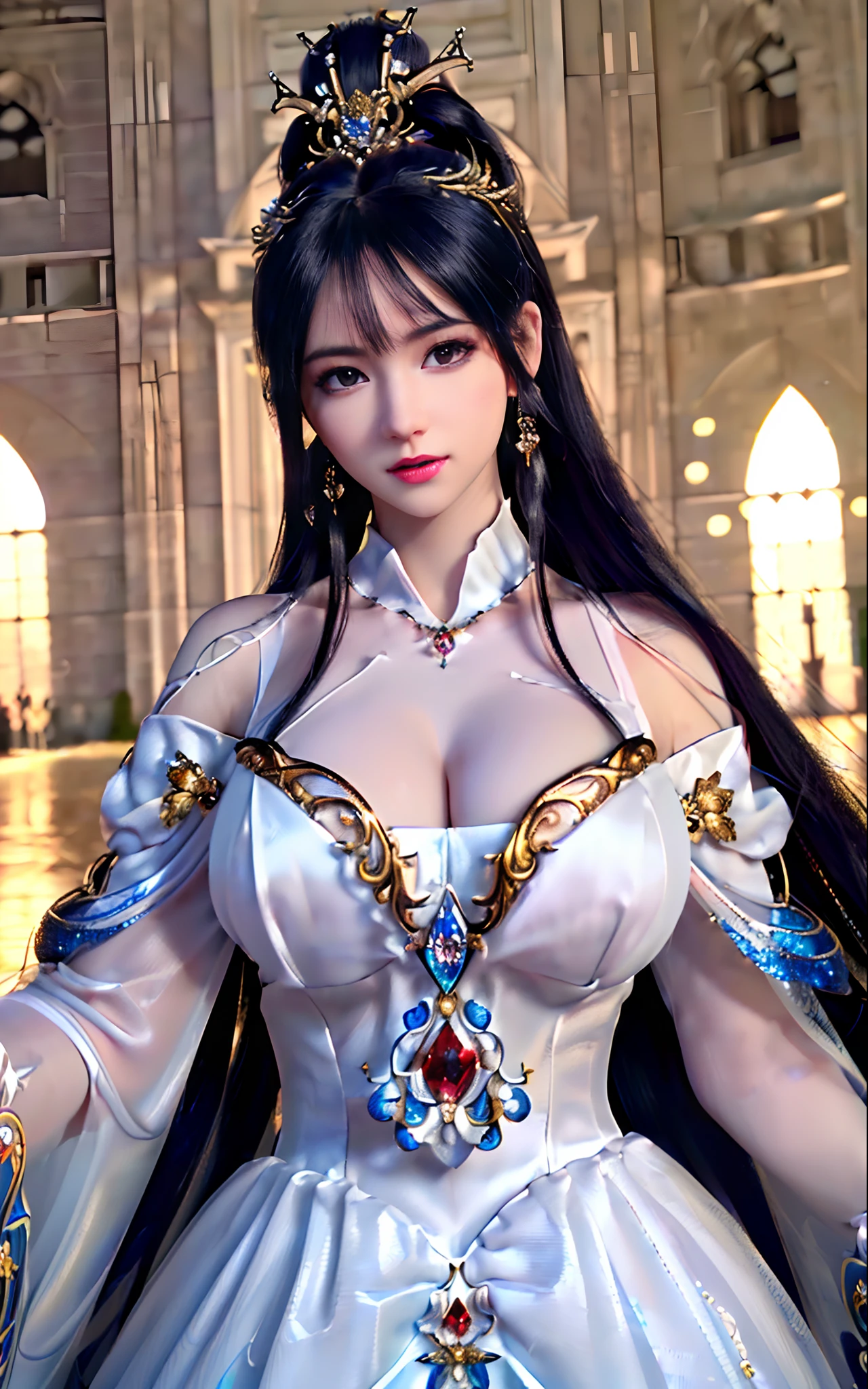 ((realisticity: 1.2)), ((realistic: 8K UHD)), ((best resolution: 8K UHD)), hyper detailed, best quality,masterpiece,highres,cg,
((1 hyper detailed and hyper realistic girl)), ((very beautiful queen dazzling, hyper realistic, and hyper detailed)),((white skin, beautiful, smooth, youthful, hyper realistic and hyper detailed
)), ((Hyper beautiful face, white, hyper realistic and hyper detailed)), long hair, ((hyper realistic and hyper detailed dress)), solo, ((hyper realistic, hyper beautiful, gorgeous and hyper detailed jewelry)), ((hyper beautiful, hyper realistic and hyper detailed dark red and golden yellow dress)),
((Hyper beautiful, hyper realistic, hyper detailed diamond filled earrings)),
((Hyper beautiful, hyper realistic and hyper detailed diamond filled hair ornament)), ((hyper beautiful upper body, hyper beautiful, hyper
realistic and hyper detailed)), ((big breasts: 2.5)),
((Hyper grand, hyper realistic and hyper detailed royal palace backgroun))
((Hyper beautiful, hyper beautiful, hyper realistic and hyper detailed hair bun)), ((hyper beautiful, hyper realistic and hyper detailed blue hair)),
candid, Photograph, high resolution, 8k,Bokeh,