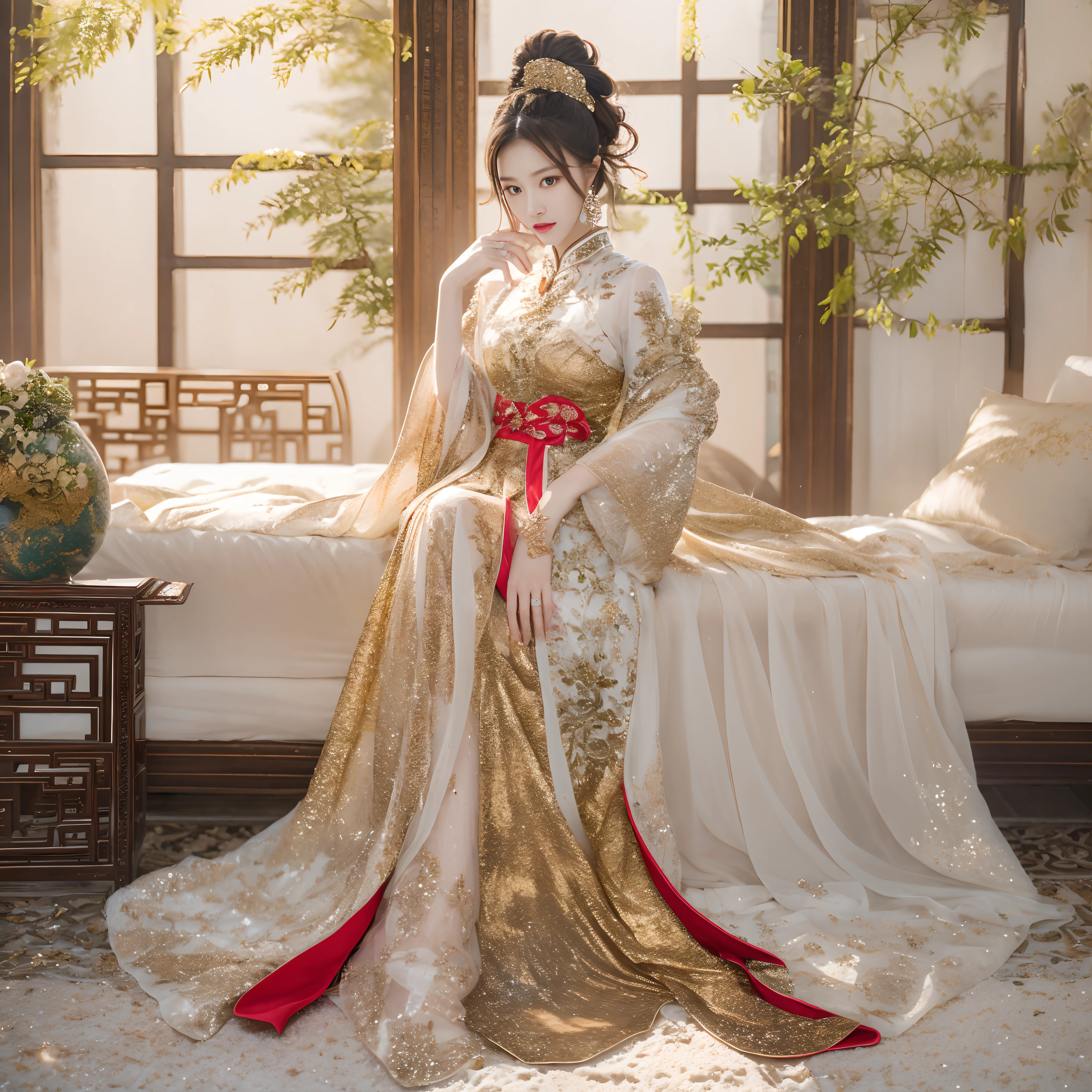 Best image quality，Highest high resolution，massive detail，A Han girl，Elegant and dignified posture，exquisite facial features，Bandeau Dress，Luxurious gold embroidery，Over-length skirt，white Heels，Chinese-style coiled hair，Stand in a brightly lit room，Full body photo。