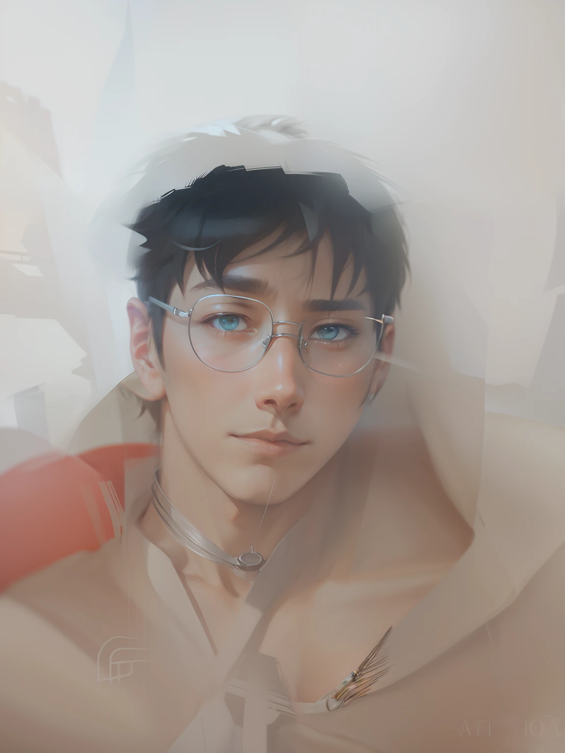 1boy, apple, bag, bangs, berry, black hair, black shirt, blue eyes, hair between eyes, jewelry, leaf, looking at viewer, male focus, necklace, pants, shirt, solo, watch, white pants, wristwatch, messy hair, trending on artstation, 8k resolution, highly detailed, anatomically correct, sharp image, digital painting, concept art, trending on pixiv, style of makoto shinkai,