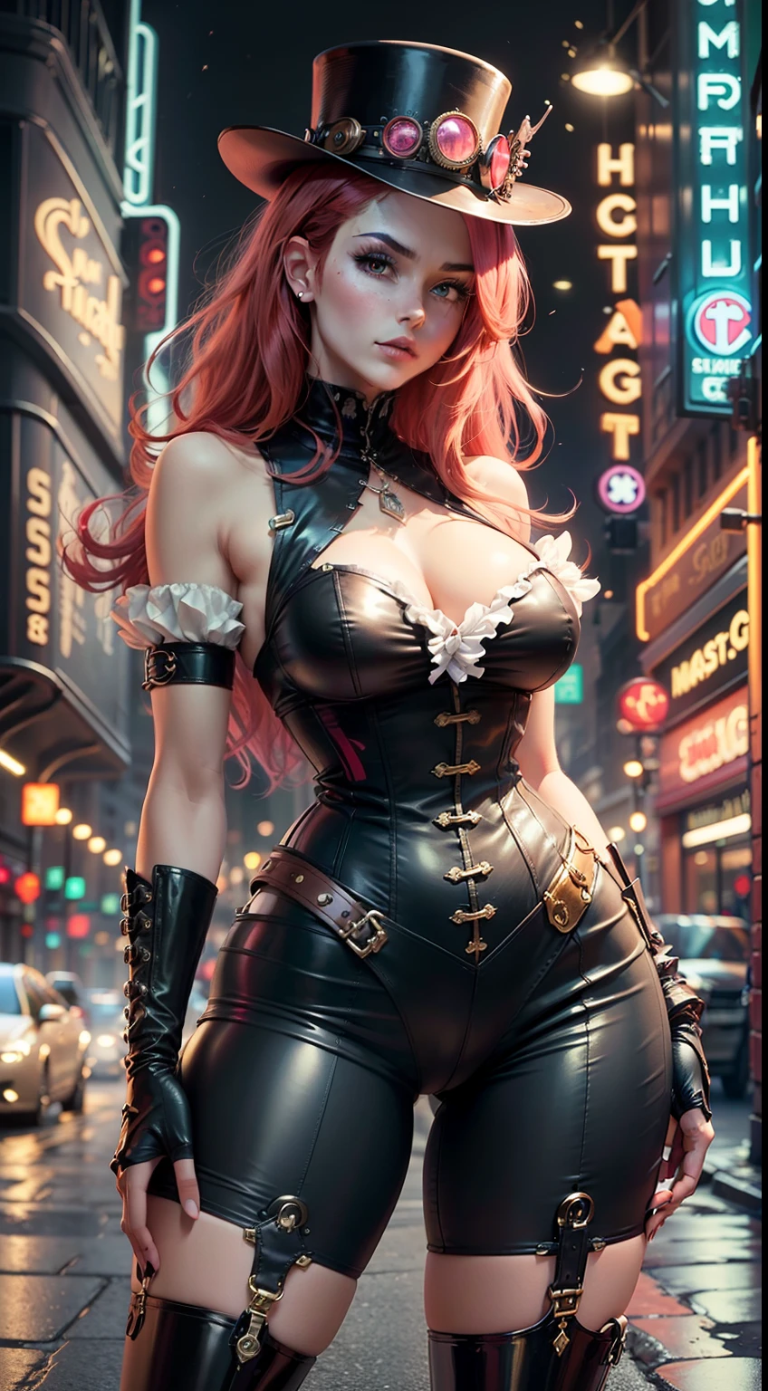 (Best Quality, 8k, Masterpiece: 1.3), young steampunk woman in red hair and steampunk goggles, in the style of gothic chic, dark white and dark pink, dark gold and light crimson, dark crimson and light black, witchcore, dark silver and dark pink, mallgoth, steampunk purple corset, steampunk top hat, victorian age dress, neon, mist, ((cartoon: 0.5)), tight, slim legs, neon signs, dynamic pose, big chest, big neckline, bare arms, slim body, ((slim hips:1.5)), ((fitness abs:0.3)),(butt size:0.9), slim, high heels, crouched, fully dressed