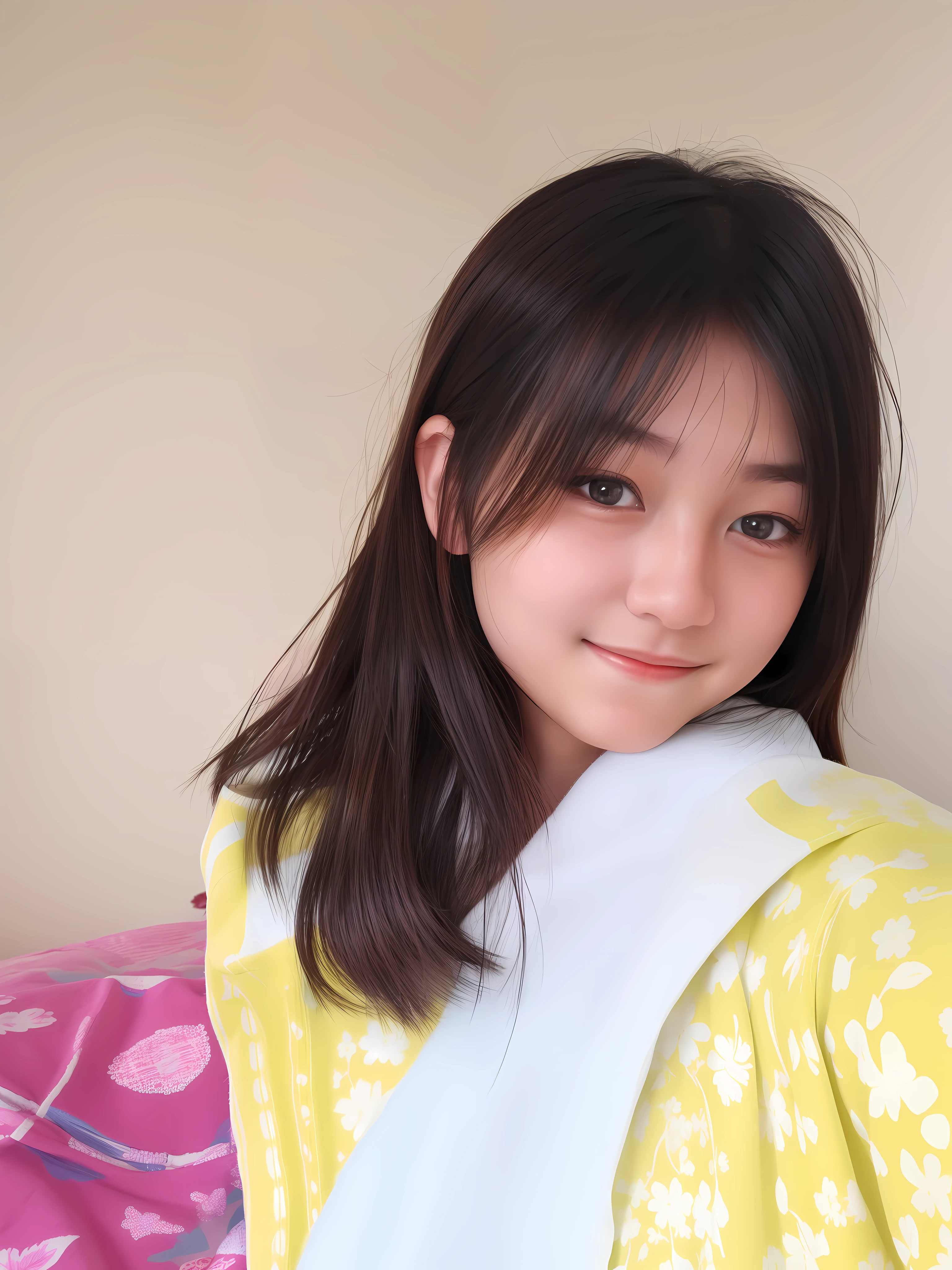 A cute teenage girl taking a photo of herself, sunlight shining on her, realistic, lookalike, look alike, realistic face, dimple