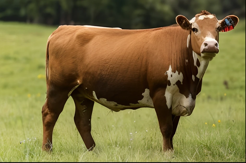 A real beef cow, facing the camera, strong and muscular muscles, red color, green and beautiful background, 4k, ultra quality, ultra detailed, photography, realism