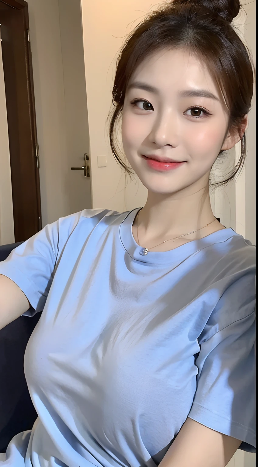 (1 Korean star with royal sister style), ((Best quality, 8K, Masterpiece: 1.3)), Focus: 1.2, (hair-bun)，(T-shirt)，age 22， (Smile), (street: 1.3), Highly detailed face and skin texture, Fine eyes, Double eyelids, Whitening skin,(Huge breasts)， (saggy tits:1.2), (face round: 1.5),