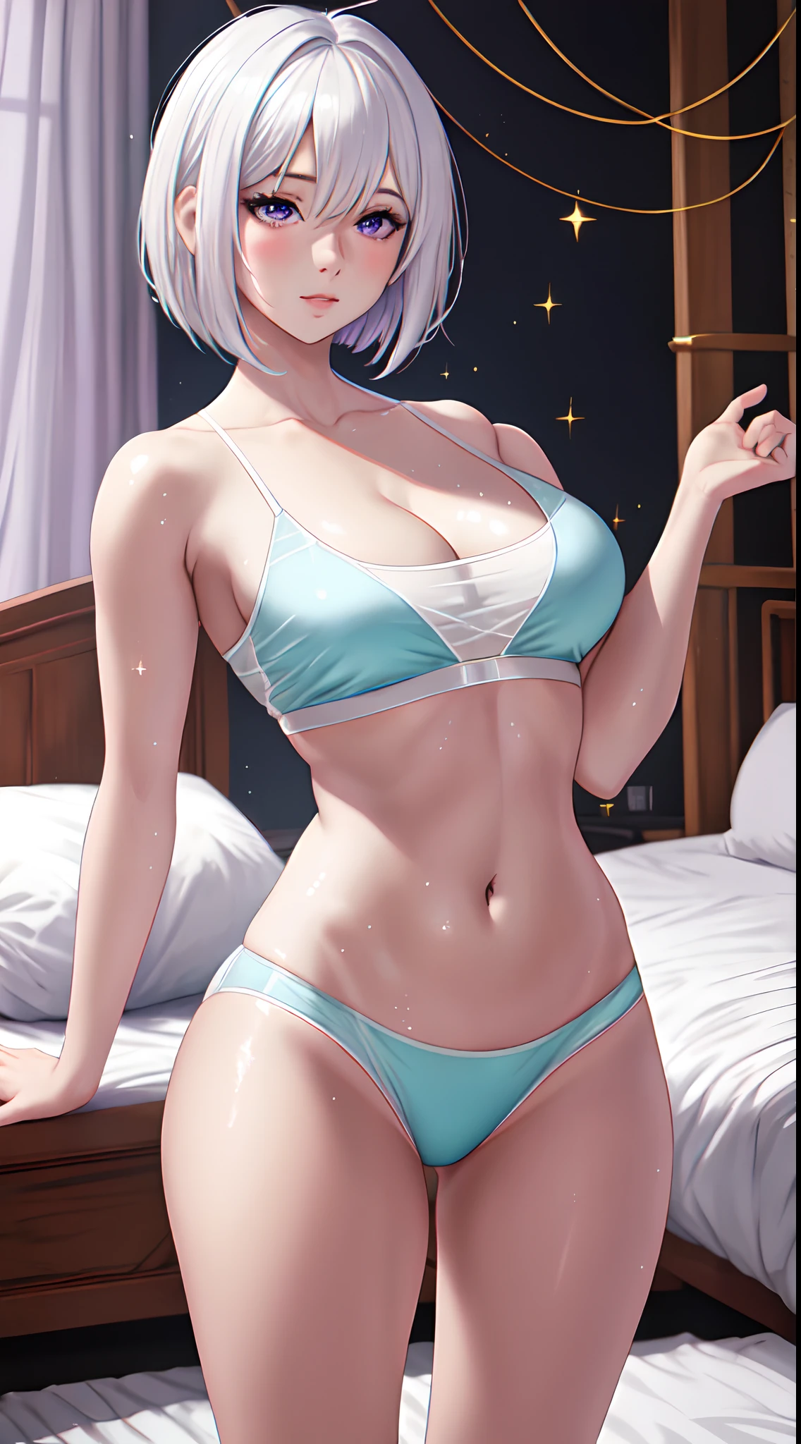 Solo, 1 female, white skin, purple eyes, short wavy white hair, bob cut, braids like hair arches over the hair, sleeping in bed, belly showing, arms raised, armpits. (to the smallest detail), Anime, Best shadow, Depth of field, (Masterpiece), (Best Quality), 4K, High Detail, Anatomically correct, ultra-fine translucent wet thread, wearing wet see-through light panties, sparkly skin, sweating, emphasizing thighs and crotch, camel toe, average breasts, cleavage, sciamano240