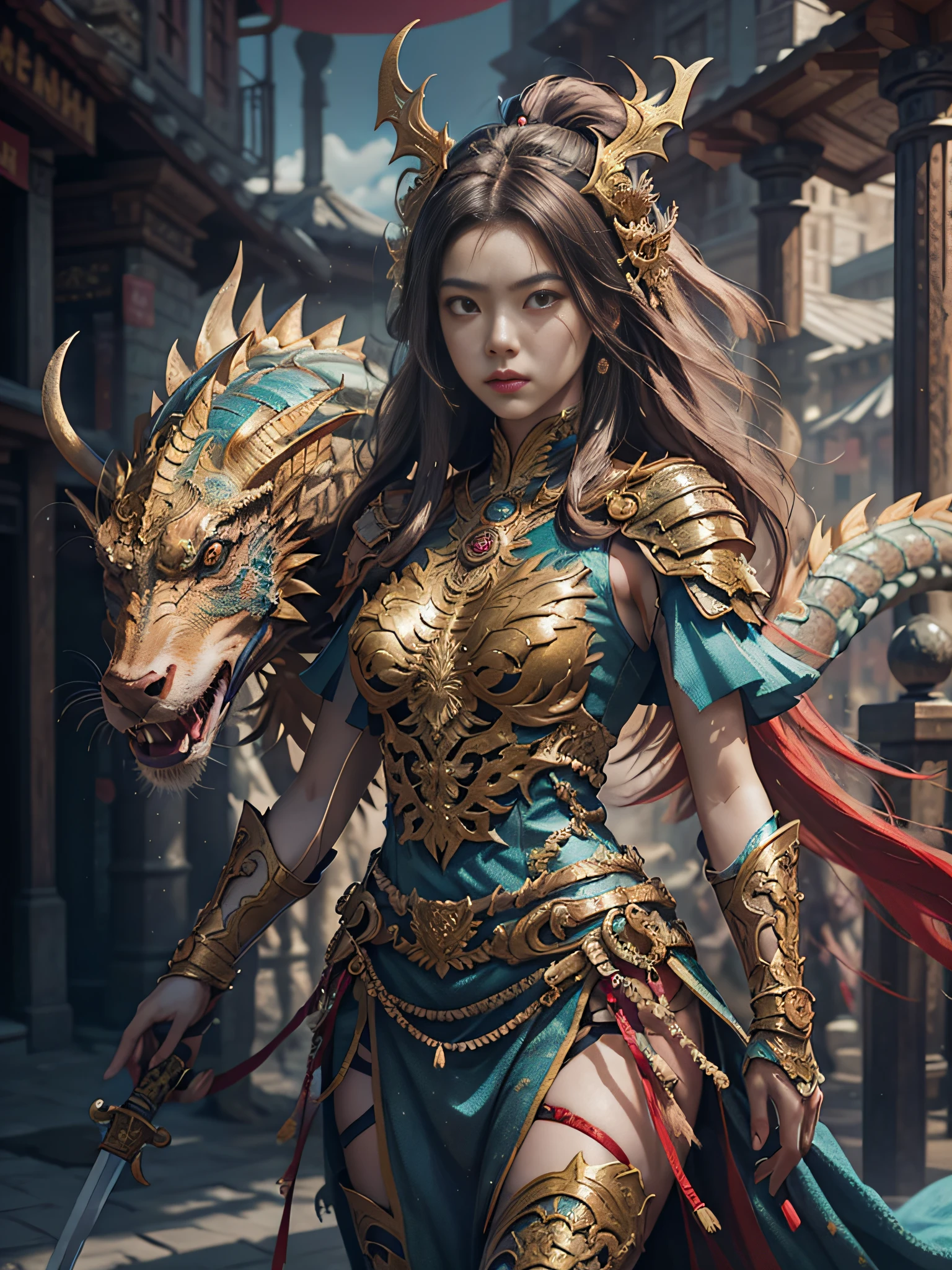 Anime - a style illustration of a woman with a dragon and a sword, the dragon girl portrait, Artgerm and Ruan Jia, Ruan Jia and Artgerm, Dragon girl, Epic fantasy digital art style, 2. 5 D CGI anime fantasy artwork, Detailed digital 2D fantasy art, author:ruanjia、stanely artgerm