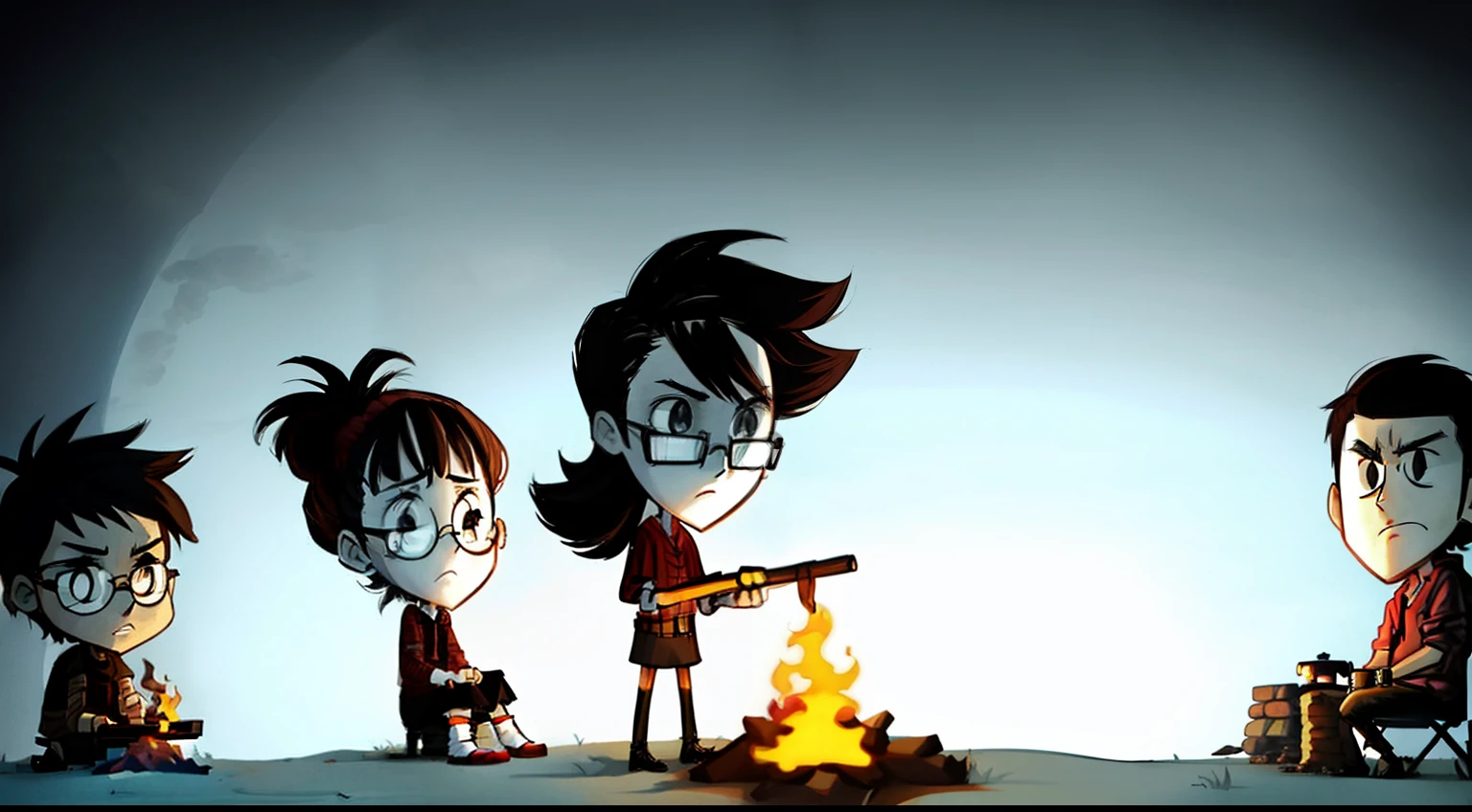"Produce an image with three girls and two boys gathered around a campfire in a tense and fearful nighttime setting. One of the girls wears glasses, and the atmosphere should evoke feelings of apprehension and uneasiness."