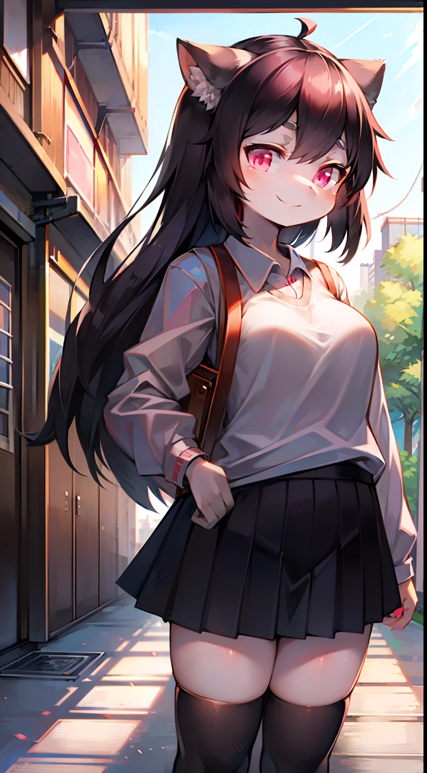 Solo, kemono, female, tall, black hair, shorts hair, pink eyes, wear Japan student shirt, wear Japan student skirt, smile, look at camera, standing in front of school, school background, daytime