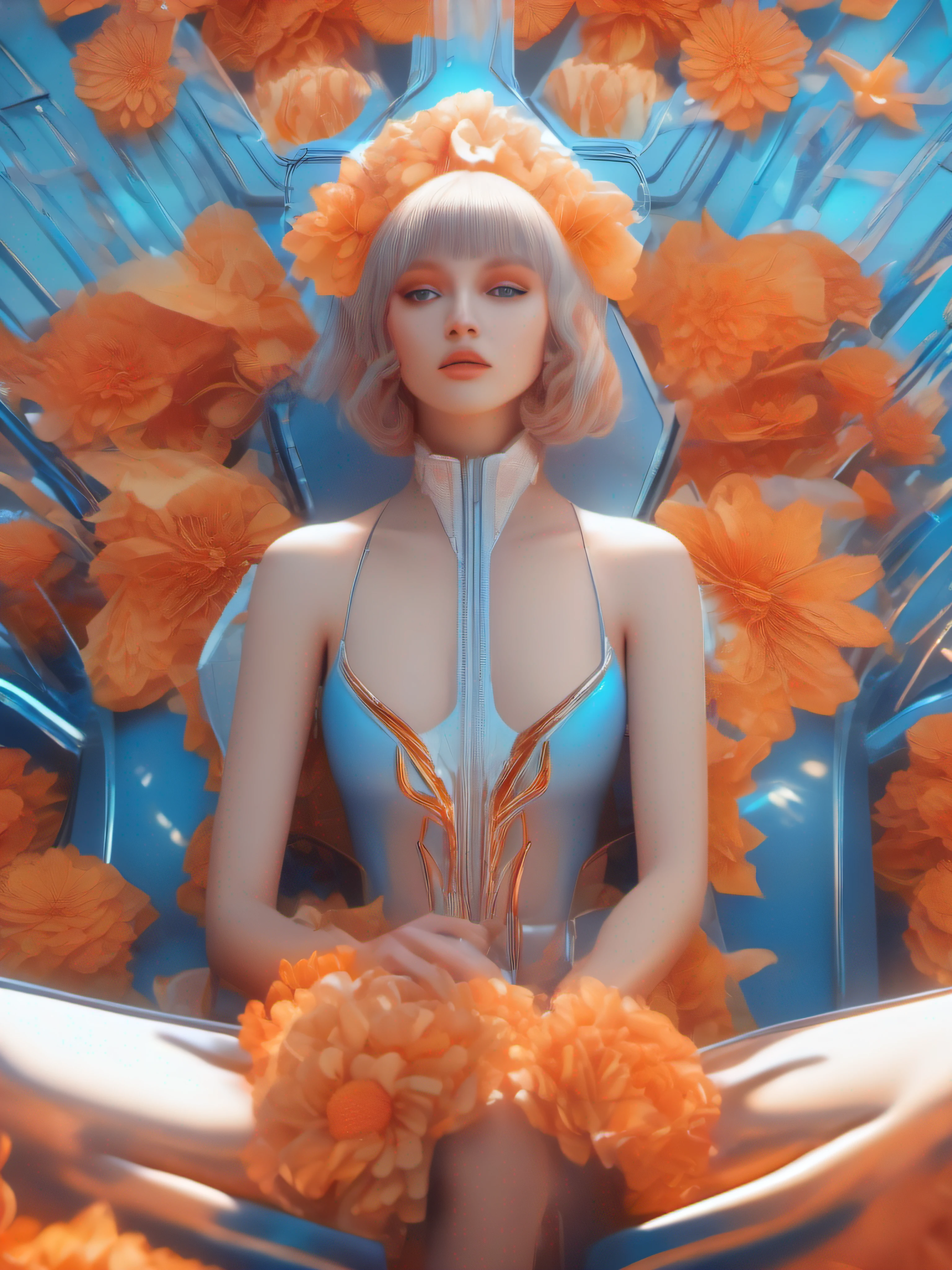 digital art beautiful girl sitting on a seat with flowers, in the style of futuristic spacescapes, Creative photography, futurism, upper body close-up, photography, cinematic feel, orange and blue, realistic, surrealist, ultra minimalist, soft light, ultra high definition, detailed details，light orange and sky-blue, unreal engine 5, cabincore, silver and azure, anime-inspired, dreamlike installations，8k --ar 3:4 --q 2 --s 750 --v 5.1 --style raw