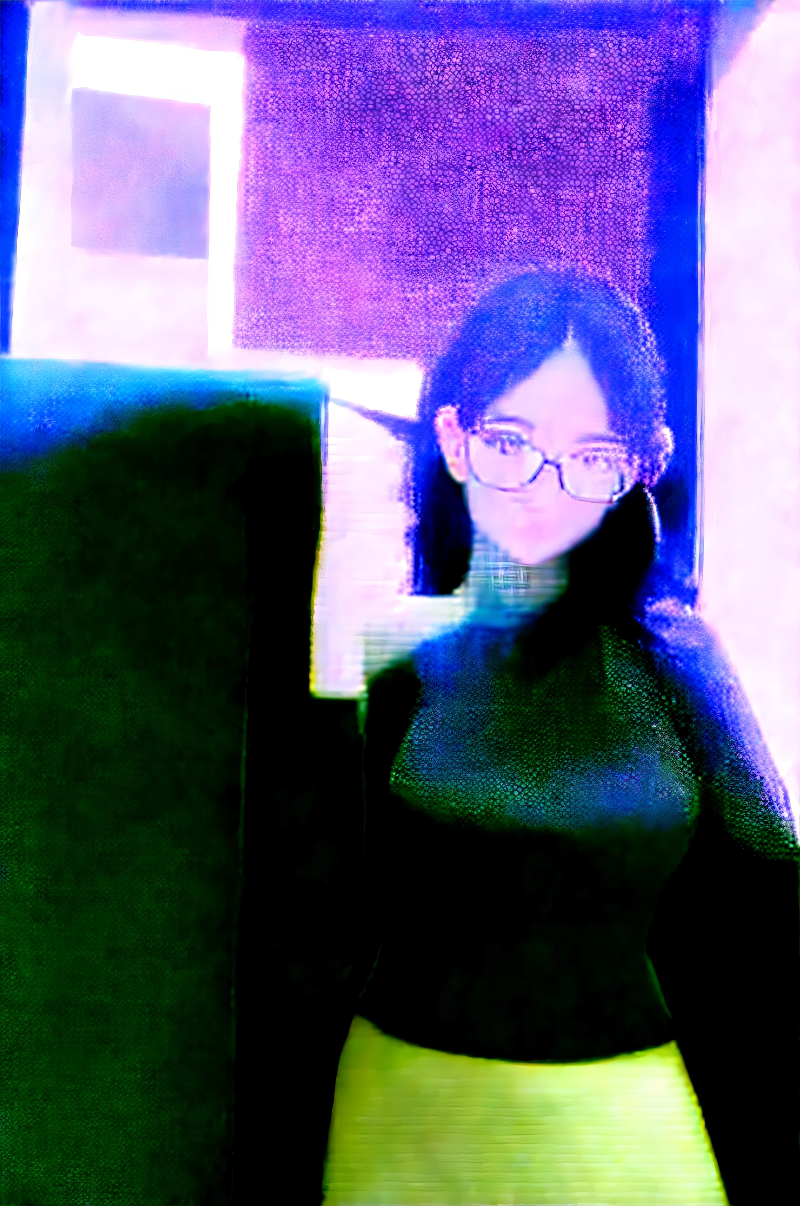 Kizi，Slightly fat，long  skirt，black-frame glasses，tmasterpiece，A stroke of God，ultraclear，4k，largeeyes，Long black hair，hair straight