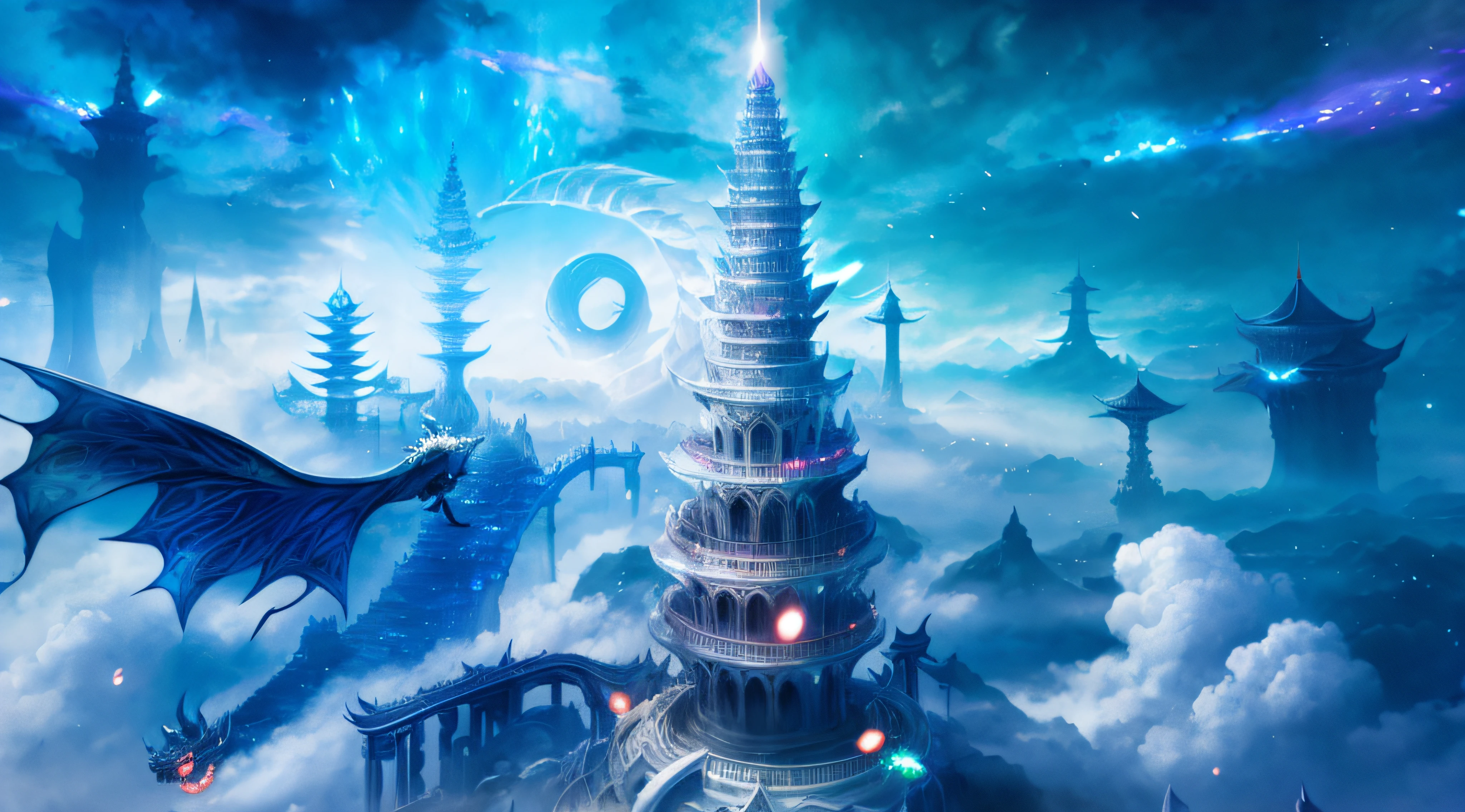 Close-up of the tower,A dragon flew over it, Chinese fantasy, Anime fantasy artwork, fantasy architecture, fantasy city background, Sci-fi fantasy wallpaper, Cloud Palace, Art fantastique grand angle, cyberpunk chinese ancient castle, huge futuristic temple city, detailed fantasy digital art, 2. 5 D CGI anime fantasy artwork, floating city on clouds, Anime epic artwork