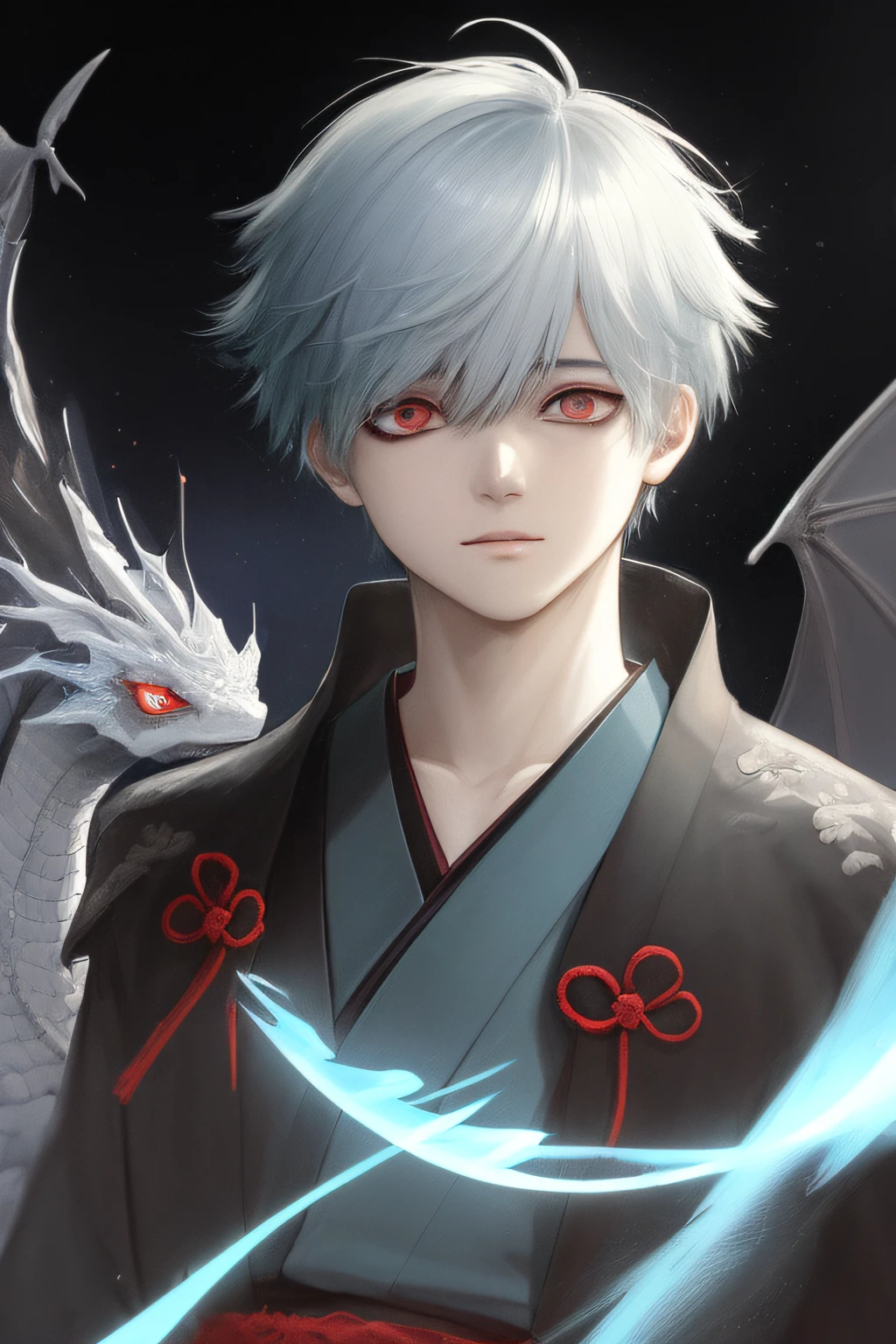 (((1boy, (kaneki_ken), cabelo branco, heterocromia, olho esquerdo azul, olho direito cinza, Japanese men's kimono, small dragon scales on the left side of the neck,))) default_outfit, standingn, olhando_at_viewer, solo, male_focus, Cowboy_shot, retrato em close, ao ar livre, (noite, escuro:1.25 ), street, (darkestdiffusion style:0.6), (evreka15 style:0.6), best quality, absurdes, highres, (original), (papel de parede extremamente detalhado), 8k, (cor), (trending in artstation, cgsociety, pixiv: 0.85), altamente detalhado, (coerente:1.5), (beautiful composition:1.2), (dynamic  lighting), (intrincado:1.15), (symmetr:1.1), (hd:1.25), (obra-prima:0.9), (por atey ghailan e anton fadeev:0.9), [light_rays], lua, (blurry_background, profundidade de campo:0.5), Official_Art,