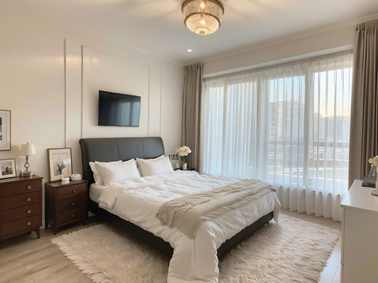 ，masterpiece, best quality，8k, ultra highres，Step into this bedroom，It's like you've arrived in a dreamy wonderland。A soft tulle curtain surrounds the bed，Sunlight pours in through the windows，Reflecting a warm and romantic color。The bed was covered with soft feathers，The pillows are made of clouds，It feels like you're in the clouds。There is an old piano next to the fireplace，The gently played notes are mesmerizing。It's an irresistible fantasy paradise。