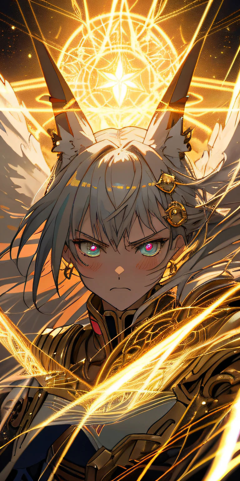 Anime Gundam beutiful Interstellar skin golem cat girl magic, aesthetic_eyes, detailed eyes, demon horn, mask, wings, glowing, random fantasy hair, multicolored hair, body detailed, random very angry face, detailed face, Saenyo Ancalagon Anthropomorphic majestic Guardian | Portrait | finely detailed Celestial and Constellations armor robot | cinematic lighting | intricate filigree metal design | 8k | unreal engine | octane render | ahegao, detailed face, highly detailed, fantasy background, blush, cat_ears_earrings hair_ornament highres jewelry triple_earring, detailed all, solo, fightning stance, magic circle, electrification, lightning effect, ray tracing, detailed all, show your ability A.I, 4K Ultra HD.