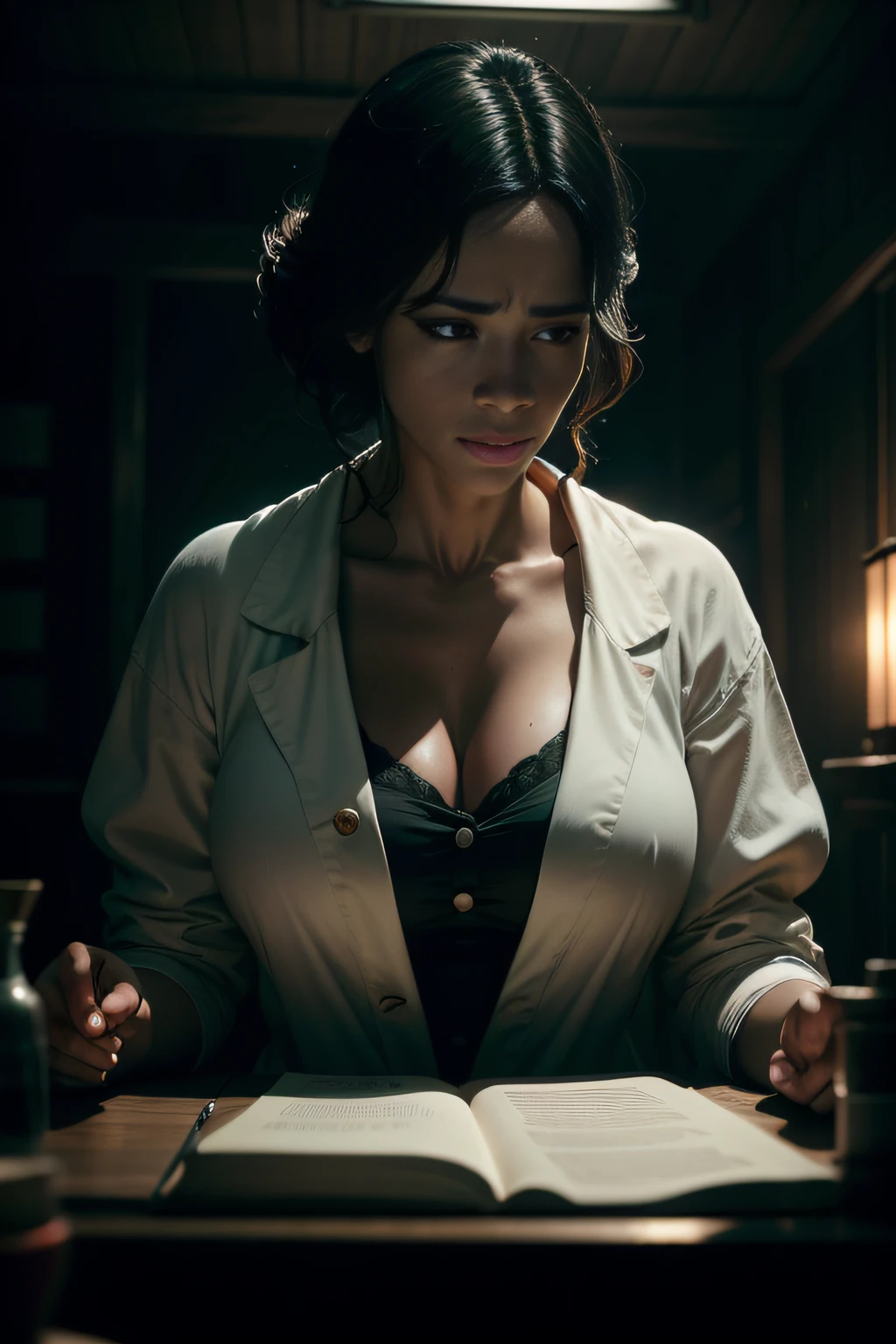 Paula patton as a scientist working on Ishimura Haunted Ship photography, natural light, photorealism, cinematic rendering, ray tracing, the highest quality, the highest detail, Cinematic, Third-Person View, Blur Effect, Long Exposure, 8K, Ultra-HD, Natural Lighting, Moody Lighting, Cinematic Lighting