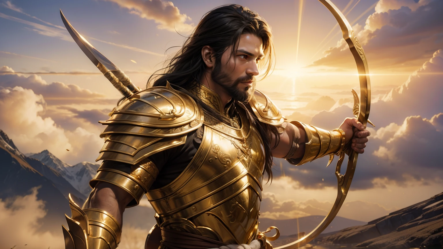 A handsome (traditional) (white skin) warrior hold a ((gold or wooden)) bow and arrows, (heavy bow), wearing a perfect fit armor, golden glowing armor, ((luminous armor)) and traditional white (dhoti). full body portrait in a warfield. Golden sun light on armor. ((Long : 0.3)) black hair. Looming golden light around him body. bow in him hand's, realistic face, uhd ,4k details