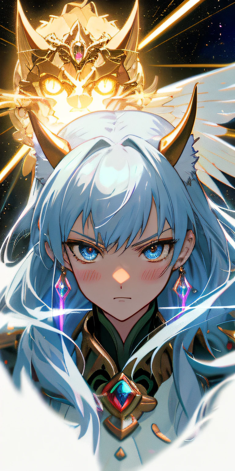 Anime Gundam beutiful Interstellar skin golem cat girl magic, aesthetic_eyes, detailed eyes, demon horn, mask, wings, glowing, random fantasy hair, multicolored hair, body detailed, random very angry face, detailed face, Saenyo Ancalagon Anthropomorphic majestic Guardian | Portrait | finely detailed Celestial and Constellations armor robot | cinematic lighting | intricate filigree metal design | 8k | unreal engine | octane render | ahegao, detailed face, highly detailed, fantasy background, blush, cat_ears_earrings hair_ornament highres jewelry triple_earring, detailed all, solo, fightning stance, magic circle, electrification, lightning effect, ray tracing, detailed all, show your ability A.I, 4K Ultra HD.