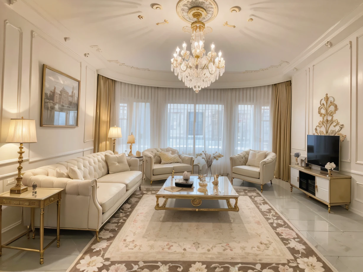 ,masterpiece, best quality,8k, ultra highres,Enter this living room,It is as if traveling back to the court of the 18th century。The ornate crystal chandelier radiates brilliant light,It hangs from a wall hanging woven of gold wire。Suede sofas and lace curtains complement each other,It gives an elegant and romantic feeling。Huge frescoes depicting magnificent castles and beautiful gardens,Make people feel like they are there。This living room is filled with an atmosphere of nobility and dignity,Make people linger。