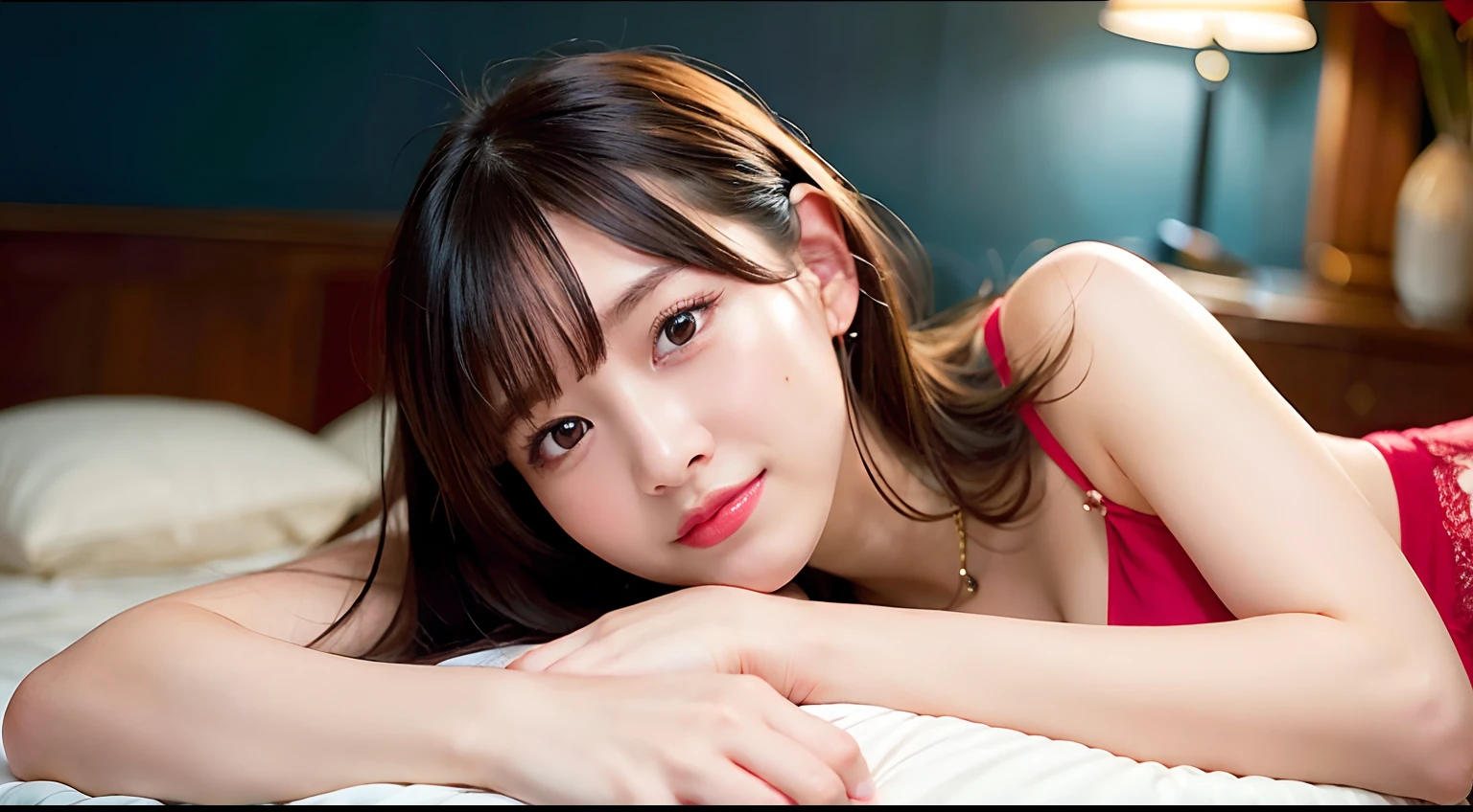 (RAW Photography:1.2)、top-quality、a beautiful detailed girl、bunnygirl、a smile、extremely detailed eye and face、beatiful detailed eyes、huge filesize、hight resolution、hight resolution、8k wallpaper、finely detail、Highly detailed ticker uniform 8k wallpaper、Light on the face、电影灯光、16-year-old girl、sexy  pose、(photorealisim:1.4)、illustratio、surrealism、 frombelow、super detailing、​masterpiece、fishnets pantyhose、Lying in bed