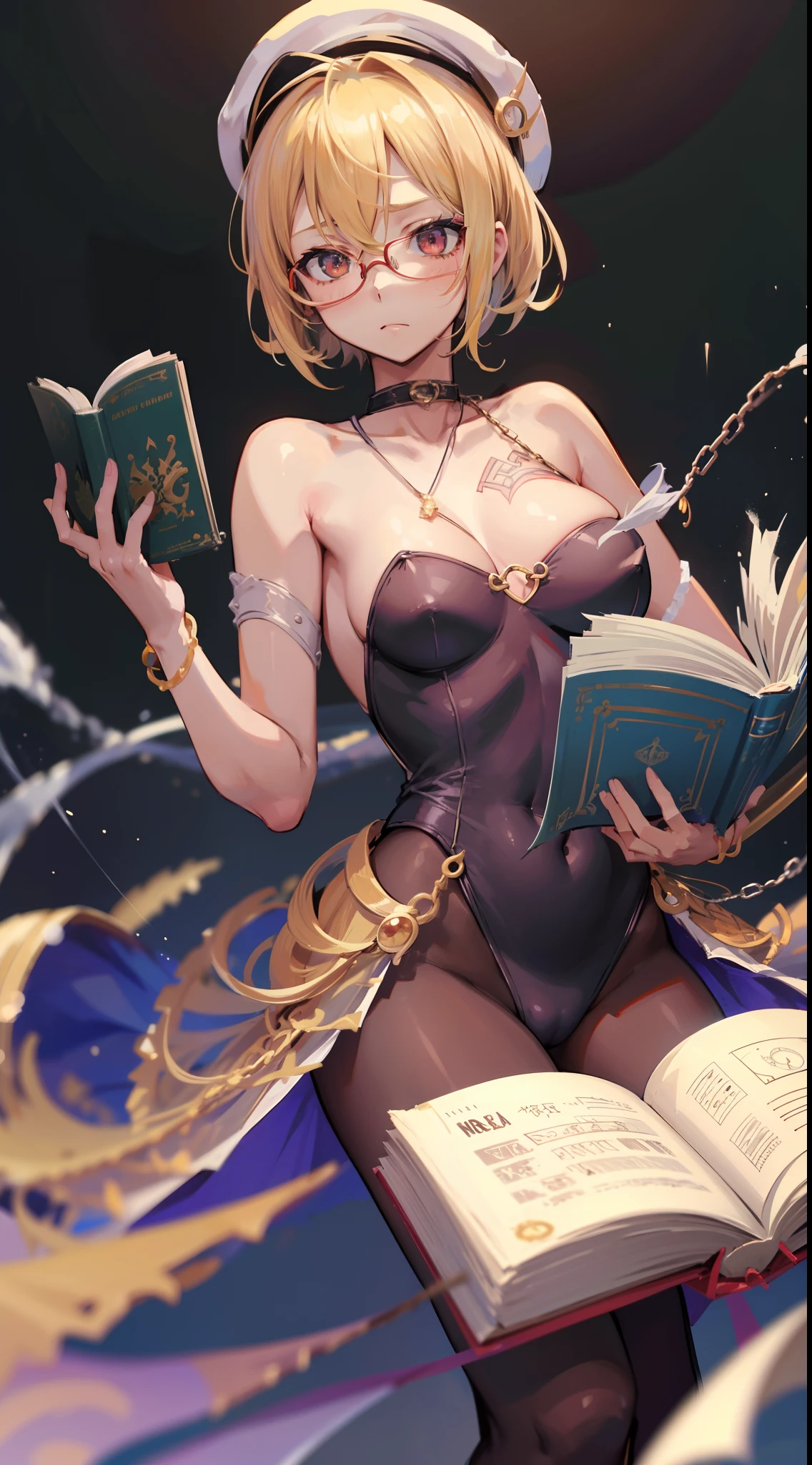 （Marco）,Perfect ,don quixote \(limbus company\, Naked、Blonde hair, a beauty girl、eye glasses、middlebreasts、Short hair, hair between eye, Orange Eyes、the chest is perfectly visible、pierced nipple、Chain scientist hat from the nipple、Basketball Hand、armor、`She has a book and a sword、(Bachelor's degree in Medieval Europe )､Cowboy style、hiqcgbody