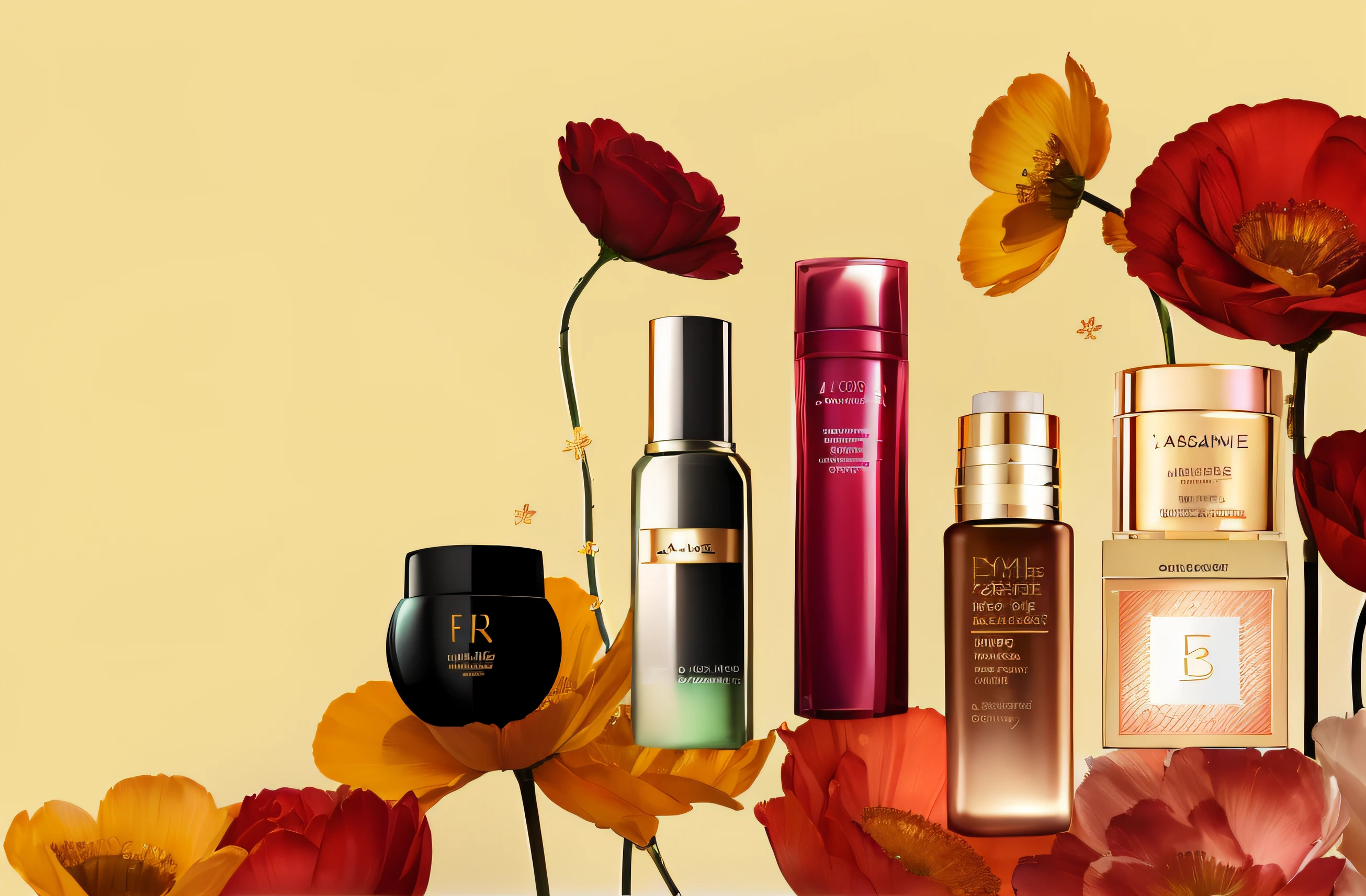 A bunch of close-ups of different types of cosmetics, beauty campaign, Femme, jacqueline e, Skincare, Intense, Banner, beauty shot, ads, flowers and gold, cosmetics, Highlight, header, Portrait shooting, glistning skin, characteristic, Clear detail, skin care, vintage glow, Radiant, author:Jacob Galmain, The most beautiful, oiled