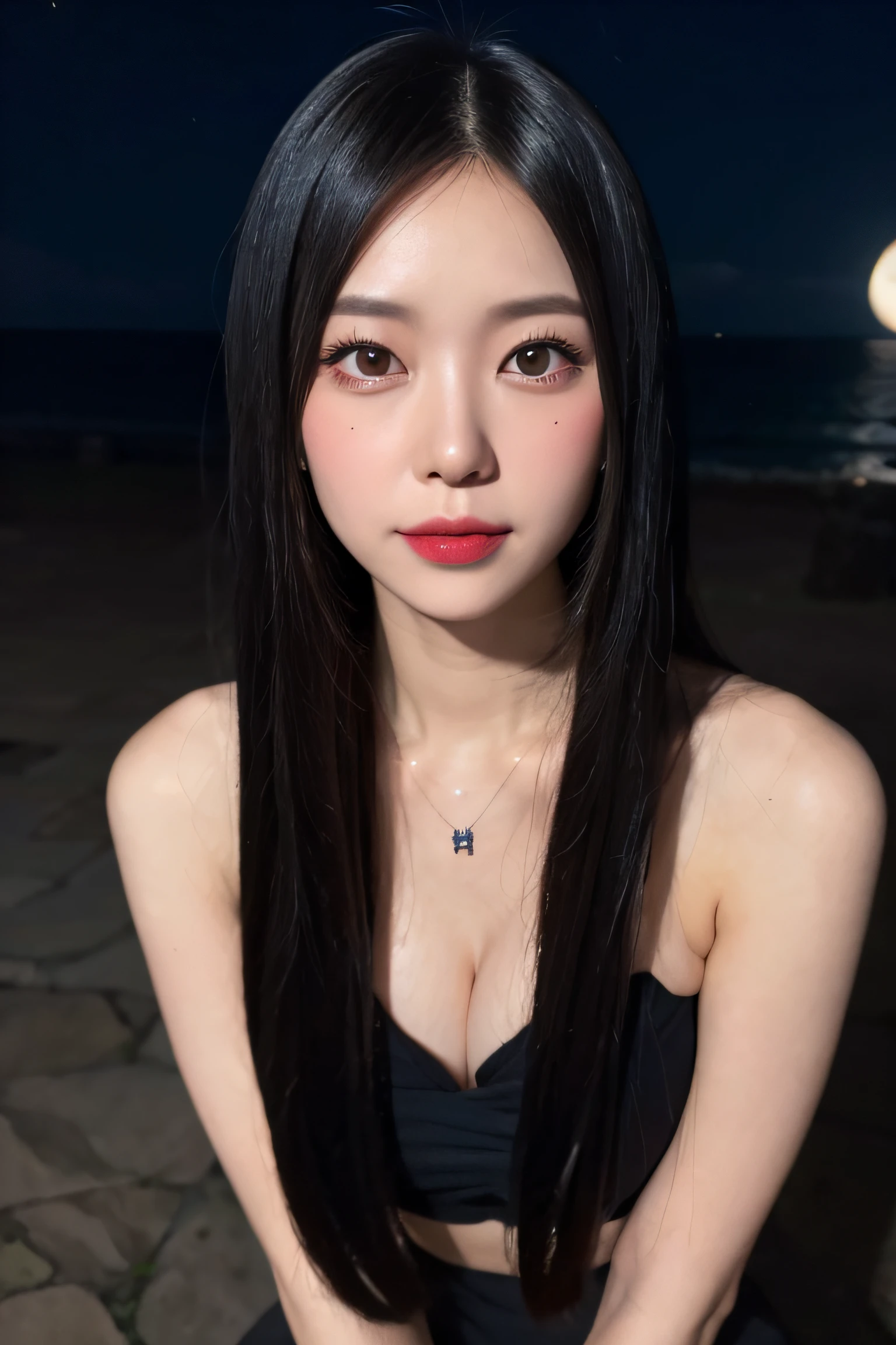 a woman,1 girl,black hair, hair bobbles, longeyelashes, solid circle eyes, light smile, mole under eye, piercing, light smile, shy, puckered lips, Surrealism, drop shadow, stereogram, pov, atmospheric perspective, depth of field, first-person view, f/1.8, 8k, super detail, ccurate, best quality, highres, best quality,full body,professional lighting,moonlight,evening,beach,necklace,race queen