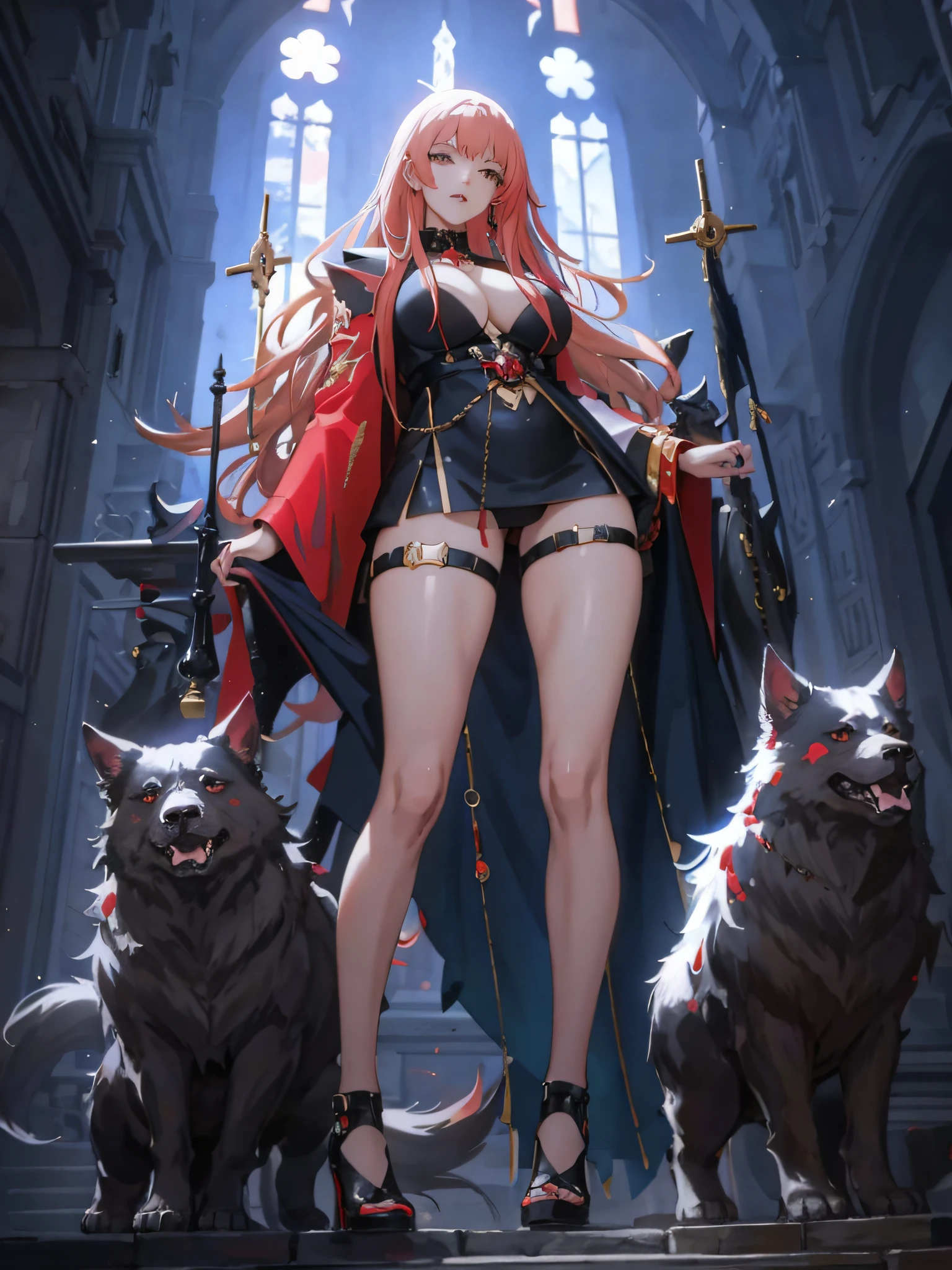 anime - style image of a woman in a red cape and a black caper standing in front of a group of skeletons, wlop and sakimichan, by Yang J, trending on artstation pixiv, guweiz on artstation pixiv, fanart best artstation, guweiz on pixiv artstation